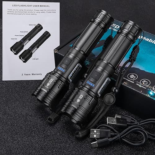Miniatura 8 de Linterna recargable de 99,000 lúmenes altos, paquete de 2 luces de flash súper brillantes con 7 modos, linternas potentes impermeables, linterna
