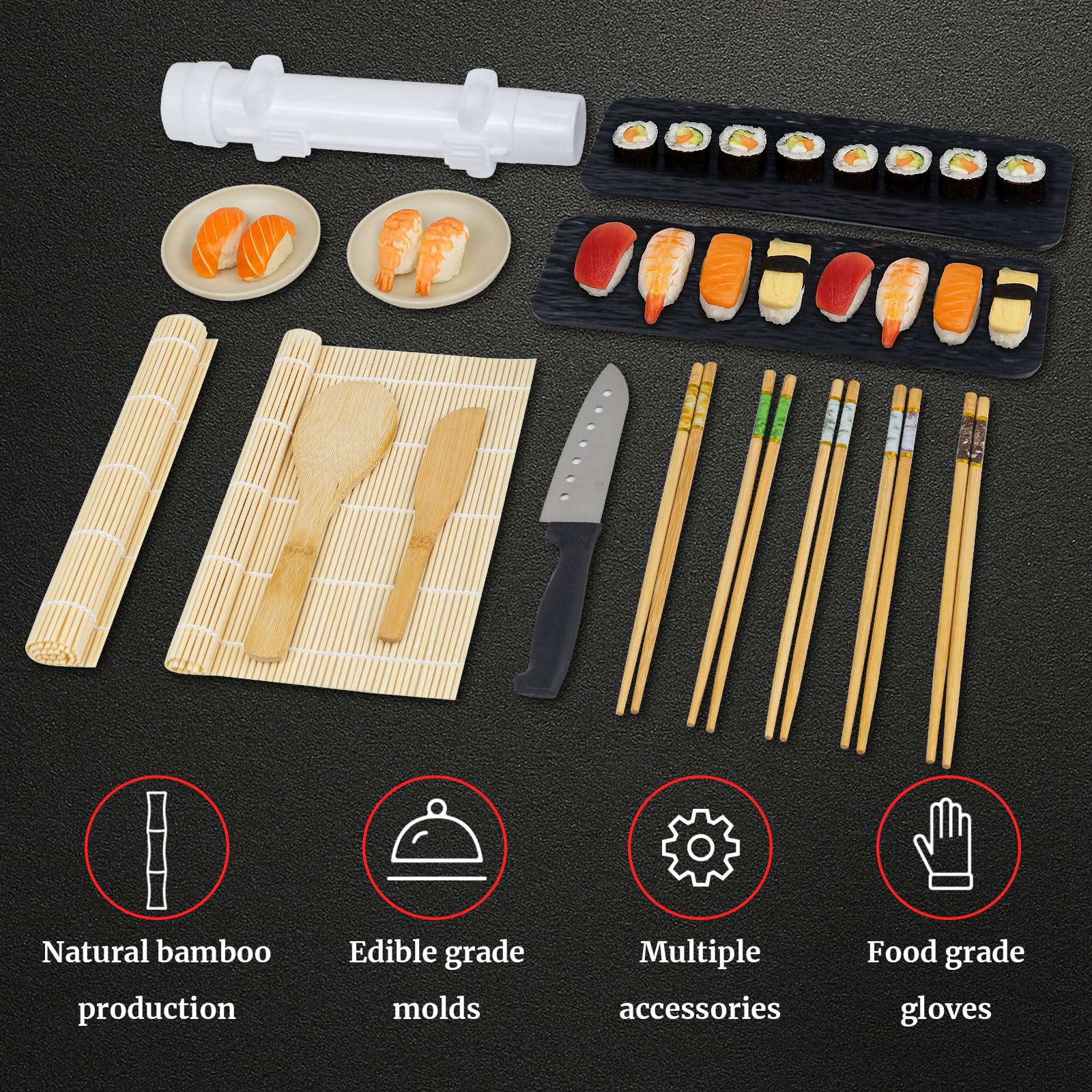 31-teiliges Sushi-Set – professionelles Sushi-Set mit Bambusmatte, Reisstreuer, Sushi-Form und Kochutensilien – perfekt für hausgemachte Sushi-, Sashimi- und Maki-Rollen
