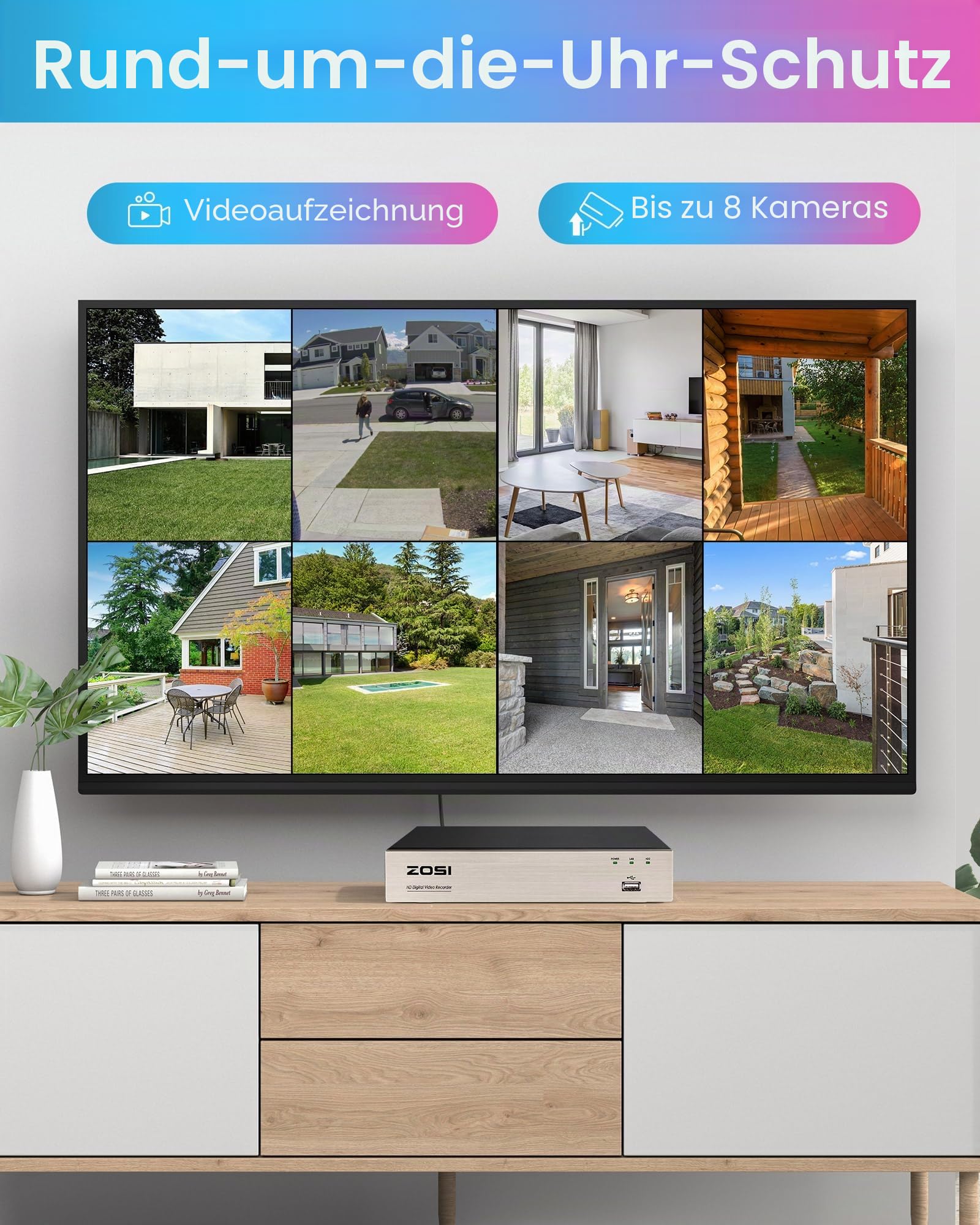 ZOSI 1080P Außen Überwachungskamera Set 8CH H.265+ 2MP DVR mit 4X 1080P Dome Kamera ohne Festplatte 24M IR Nachtsicht für Heimüberwachung