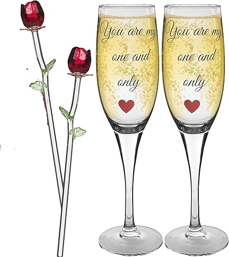 Miniatura 1 de BANBERRY DESIGNS You are my One and Only - Copas de champán con rosas de cristal rojo - Juego de 2 - Boda - Aniversario - Cumpleaños - San Valentín
