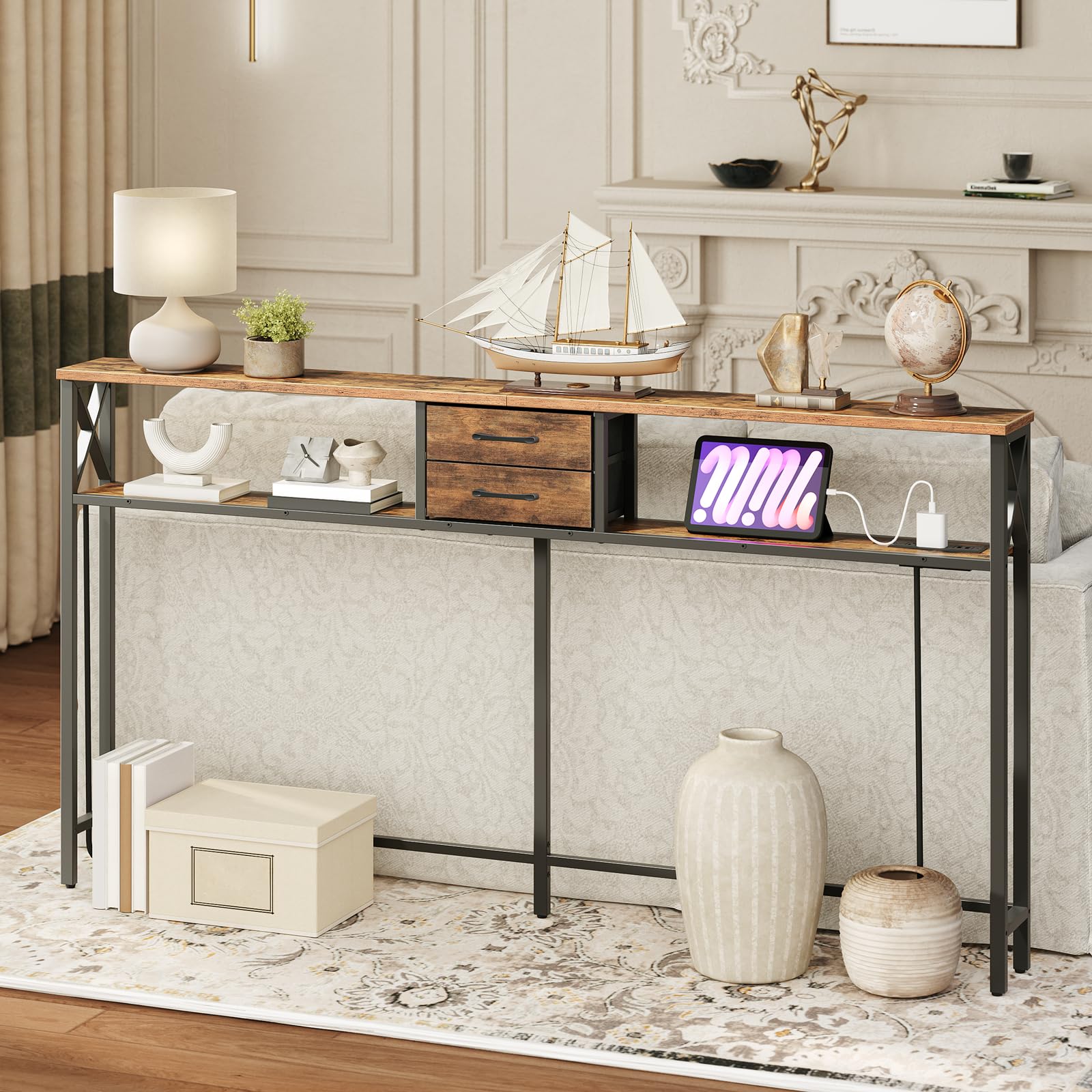 Aazon.co: AHANCRIS Console Table With Power Outlet, 70.9" Narrow Sofa Table, Industrial