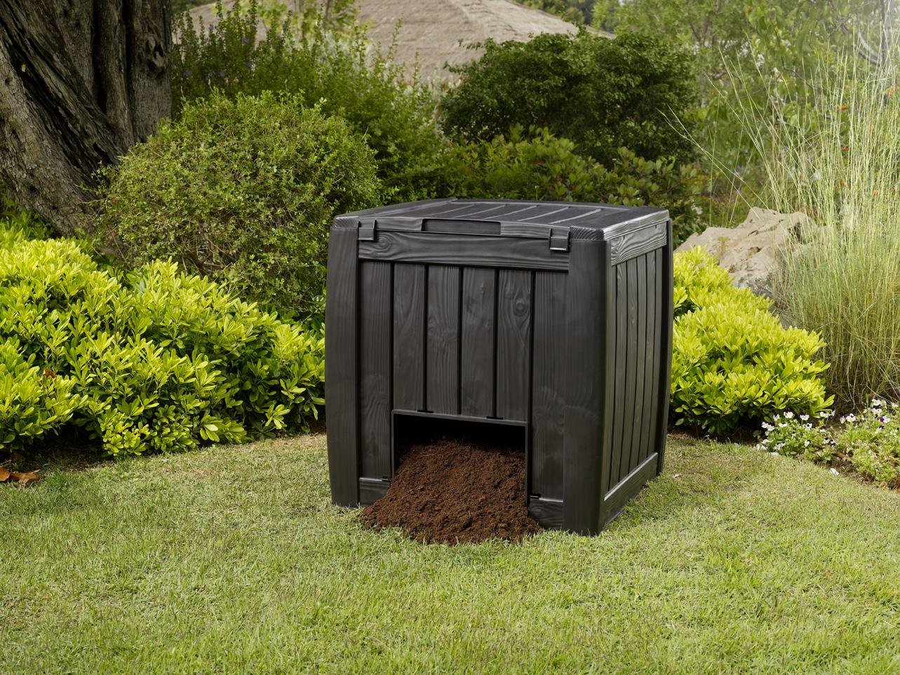 Keter Deco- Compostador con Base 350L, 72 x 74 x 69,5, Color Marrón Imitación Madera, Abono, Compost, Compostaje