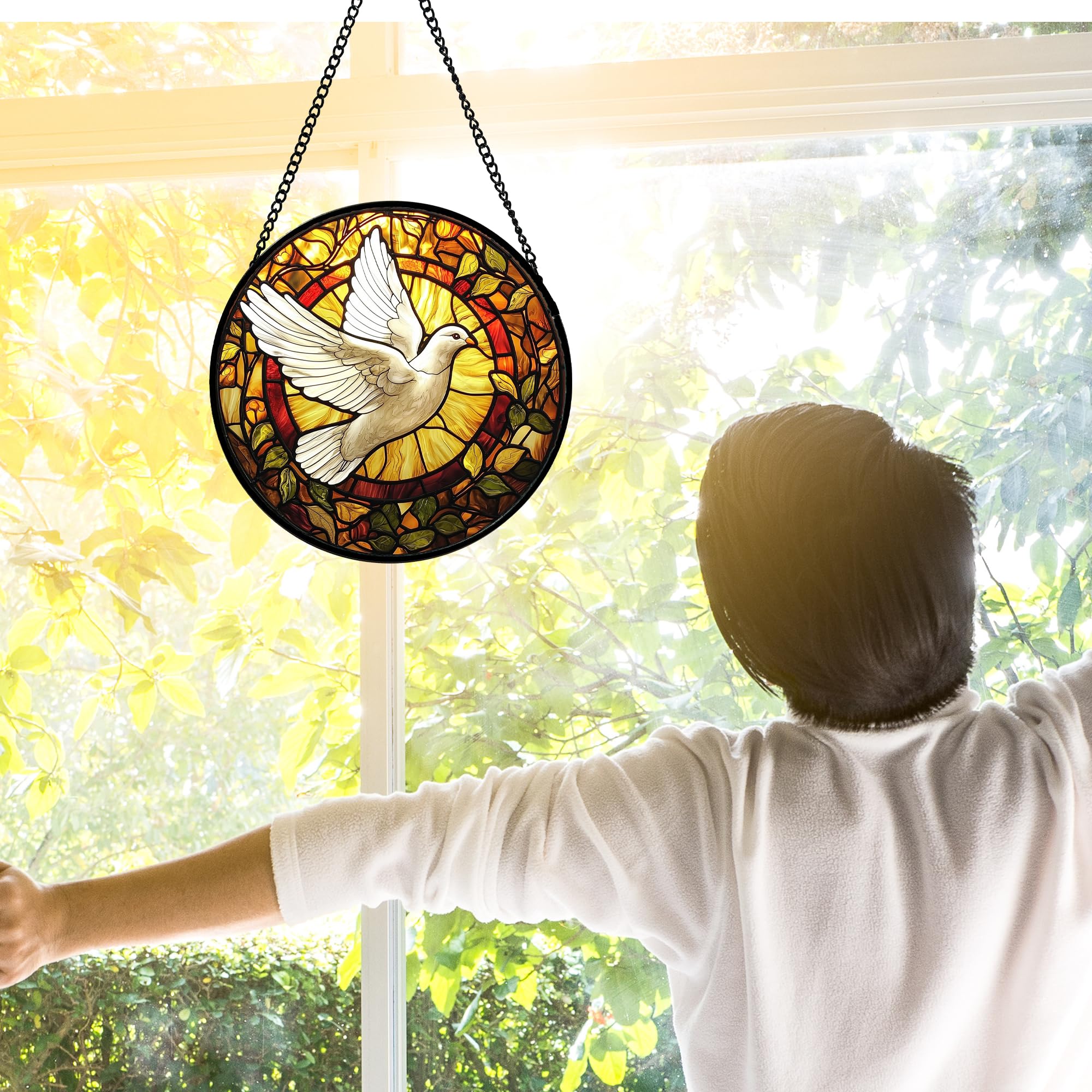 DASTOLL Buntglas-Fensterbehang, fliegende weiße Tauben-Sonnenfänger, Diamant-Glas-Panel-Behang, niedliche Vögel, Sonnenfänger, Dekoration für Geburtstag, für Frauen, Männer, Ehefrau, Tante und Mutter