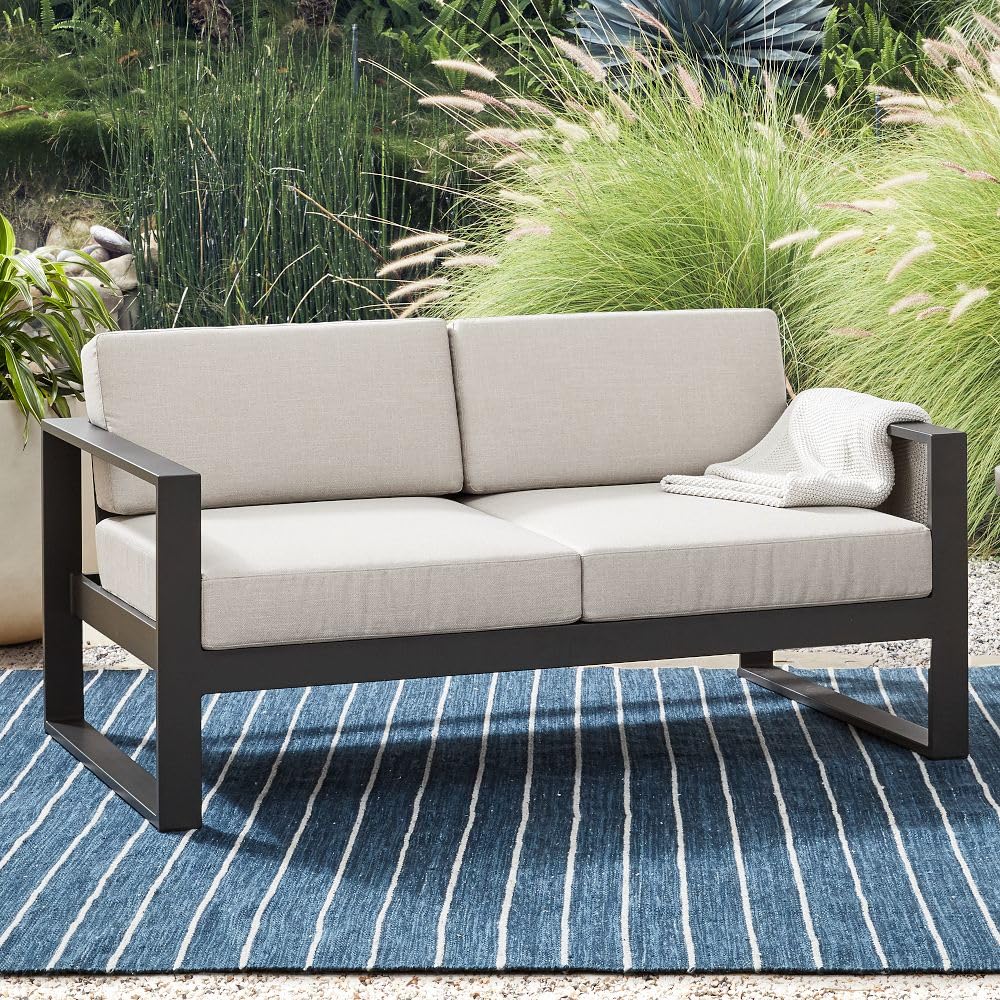 Outdoor Sofa (or Outdoor Loveseat/Patio Sofa) Matte Black Aluminum Frame with Beige Outdoor Cushions. Sleek Open-Frame Architecture with Weather-Resistant Deep-Seating Configuration.-image-25
