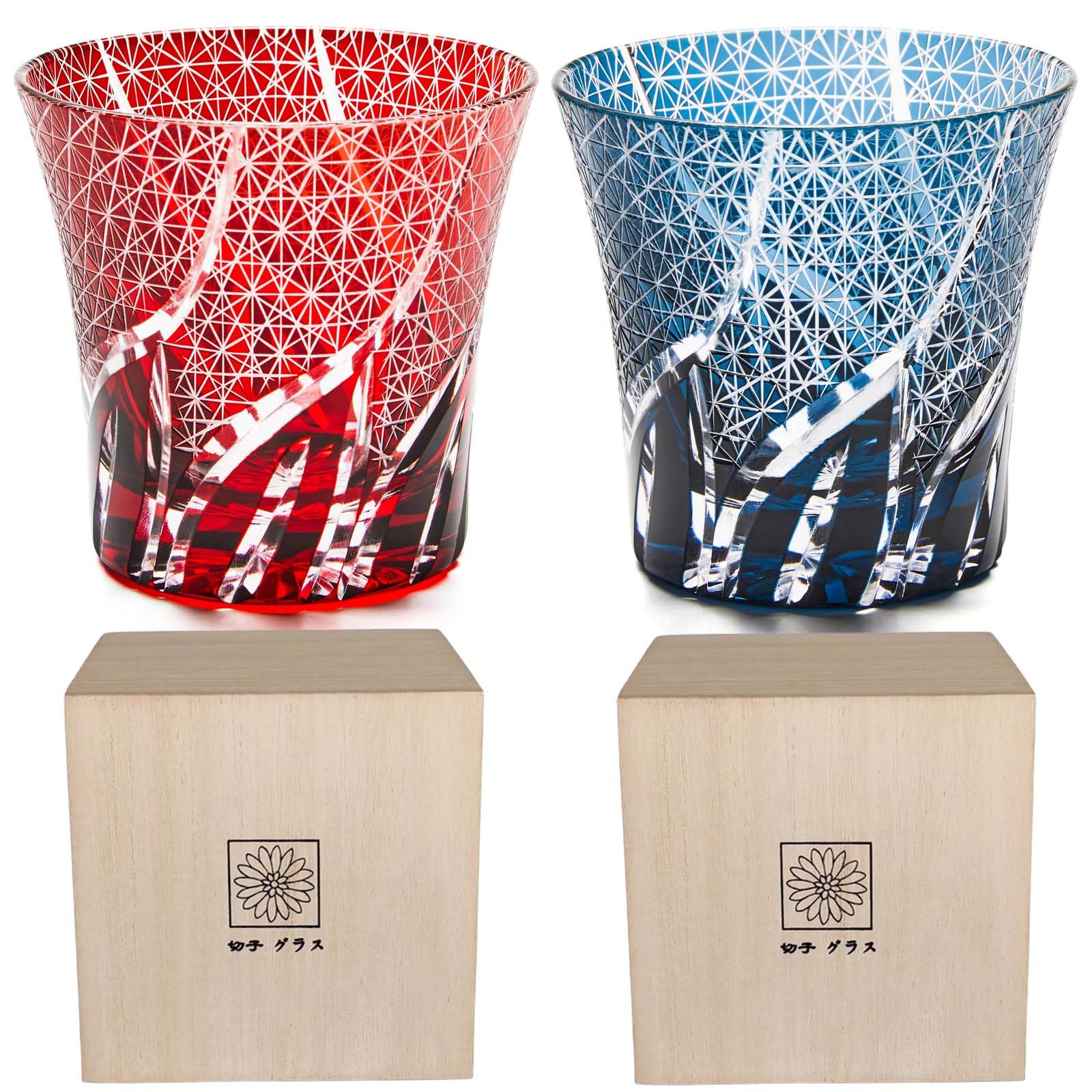 LUGUFON Kiriko Glass, Rock Glass, Chrysanthemum Splash, Pattern, Dishwasher Safe, Artisan Handmade, Paulownia Box, Japan