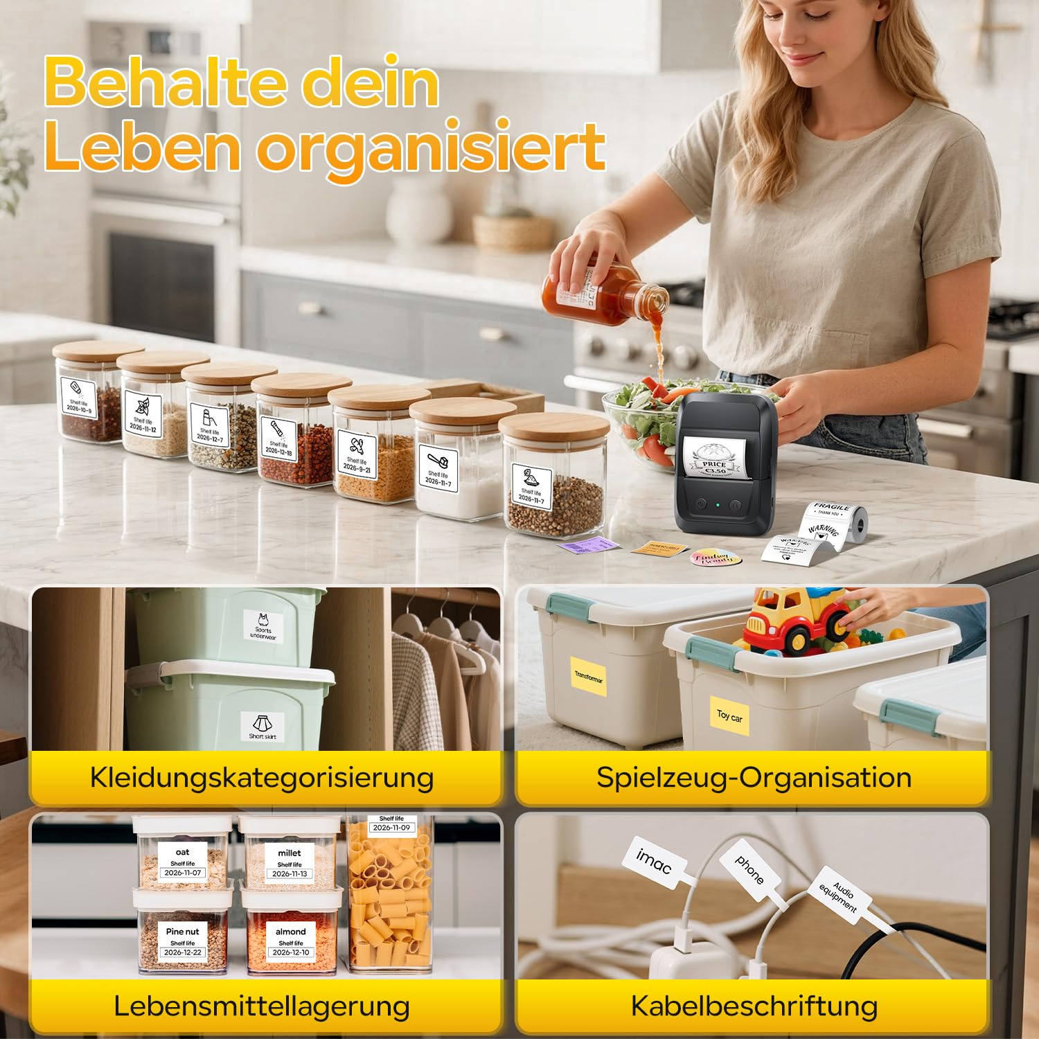 Memoking Bluetooth Etikettendrucker Selbstklebend, Tragbarer Etikettendrucker mit 2000 Symbolen und 300 Vorlagen, Barcode Etikettendrucker für Einzelhandel, kleine Unternehmen, Büro und Zuhause