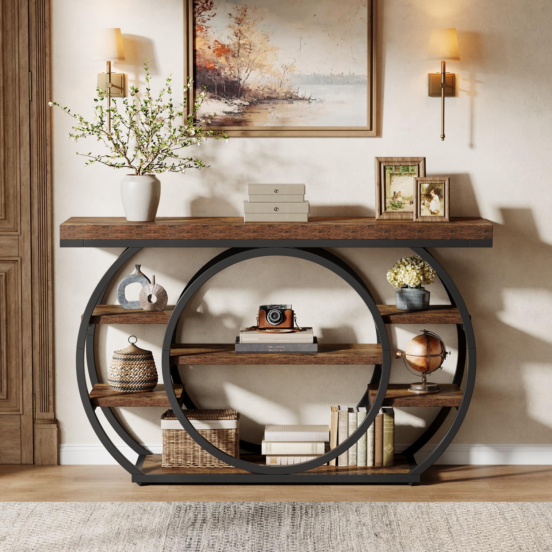 Tribesigns Tavolo consolle con base circolare, tavolo d'ingresso stretto, 120 x 30 x 80 cm, scaffale portaoggetti a 4 piani, casale industriale, corridoio, divano, rustico