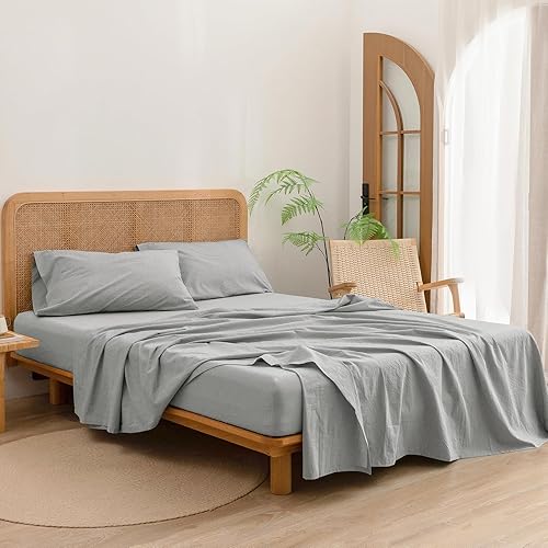 Miniatura 4 de BESTOUCH Juego de sábanas 100% algodón lavado, tacto súper suave, cómodo, elegante, ligero, juego de ropa de cama de 4 piezas, color gris claro,
