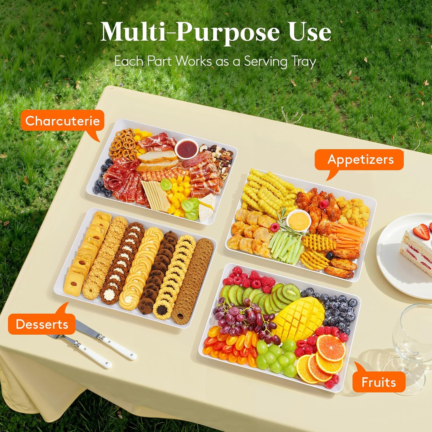 Lifewit Serving Tray for Party Supplies, Reusable Serving Platter for Catering, Snack, Fruit, Charcuterie, Appetizer, Plastic Food Trays, Hosting Essentials, BPA Free, White, 8 Pcs, Large(15" x 10")