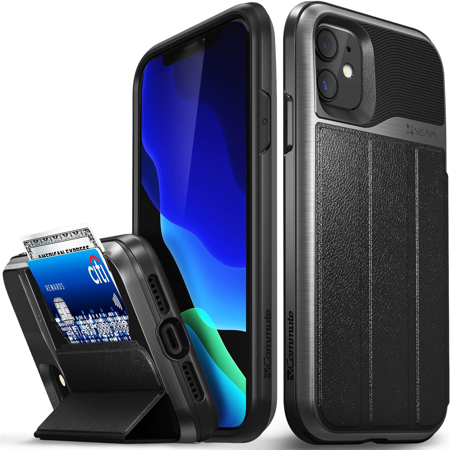 vCommute Wallet Case Compatible with Apple iPhone 11 (6.1"-inch 2019), (Military Grade Drop Protection) Flip Leather Cover Card Slot Holder with Kickstand - Space Gray