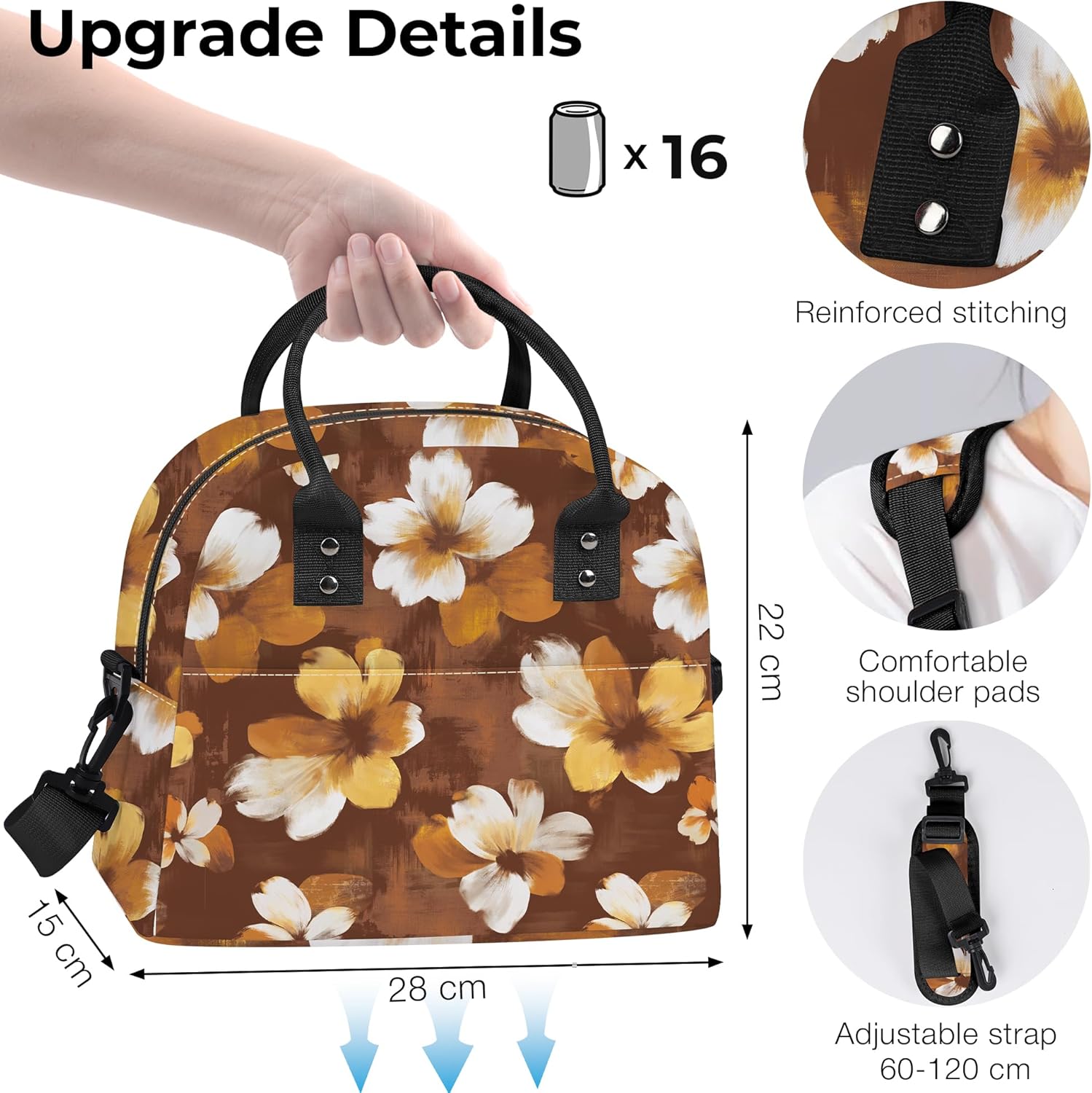 Clastyle Plant Women Lunch Box Bag Leaves Large Camping Adult Lunch Tote Insulated Cooler Bag for Office Work Picnic,Brown Flower - Image 6