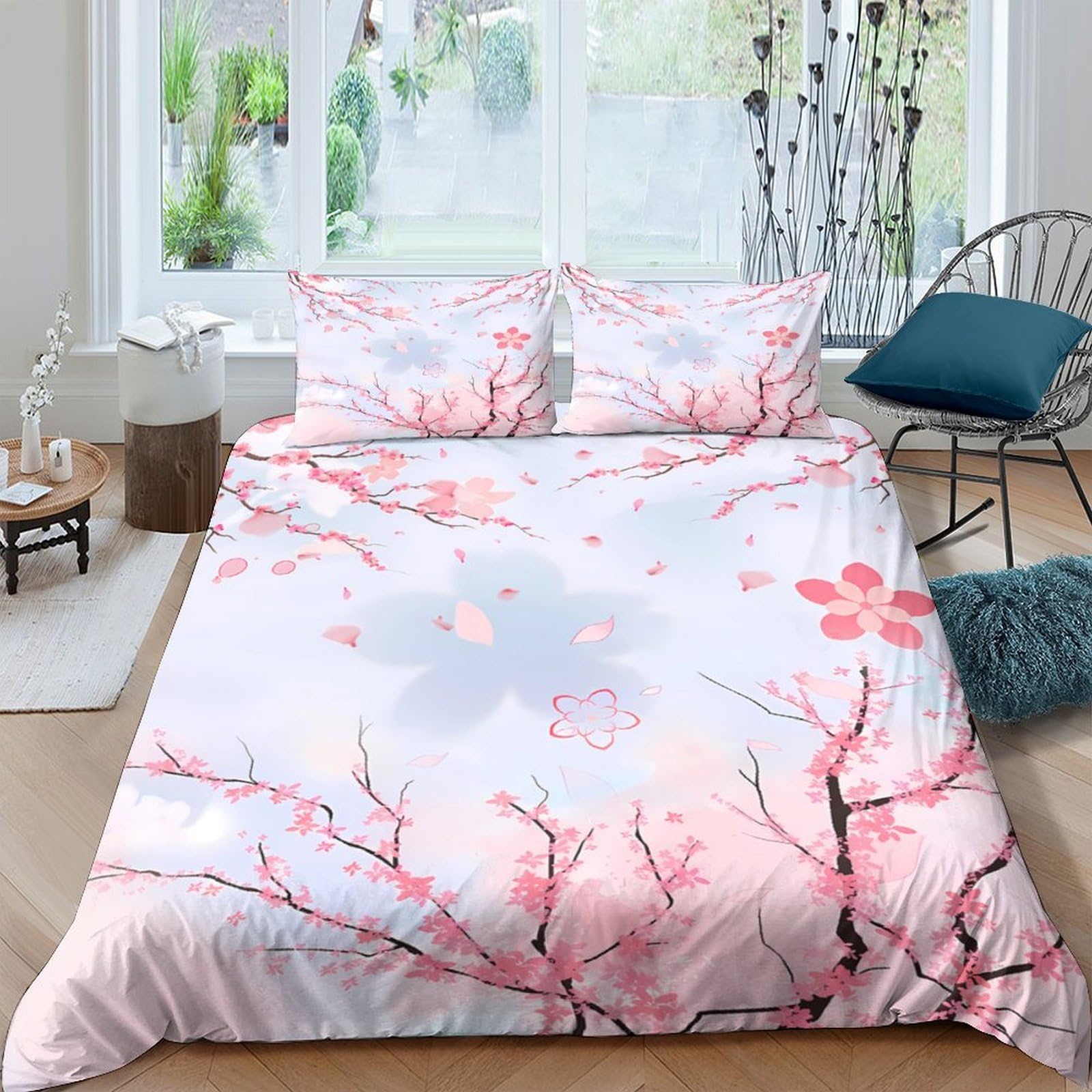 P5V6M1Q9 3D Printed Cherry Blossom Duvet Cover Microfiber Pink Floral Bedding Set with 2 Pillowcases for Bedroom Decor Single（135x200cm）
