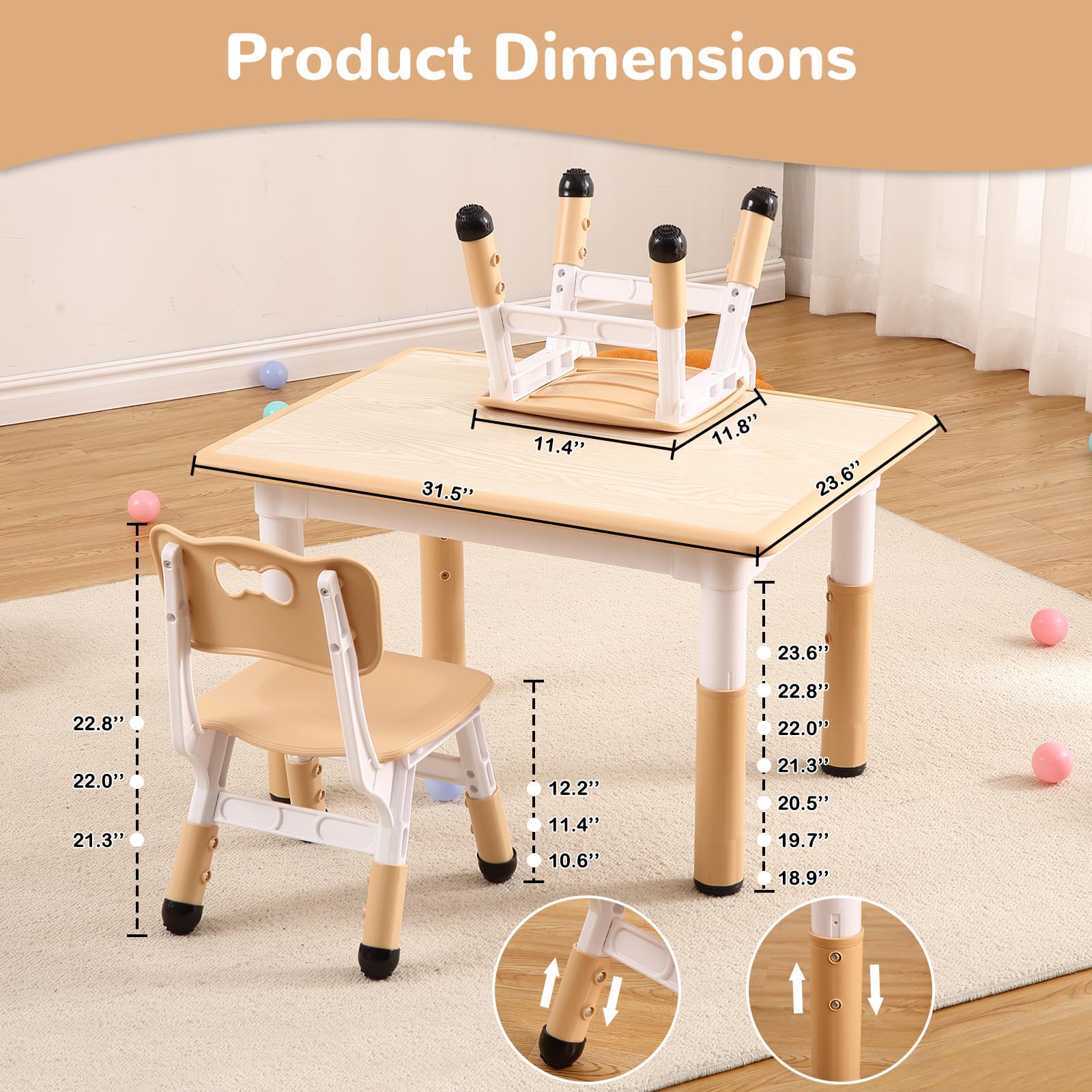 Kids Table and 4 Chairs Set Height Adjustable Toddler Arts & Crafts Table for Ages 2-10 Easy to Wipe Multi-Activity Kids Table and Chair Set Non-Slip Table Legs for Home, Classroom & Daycare WoodColor