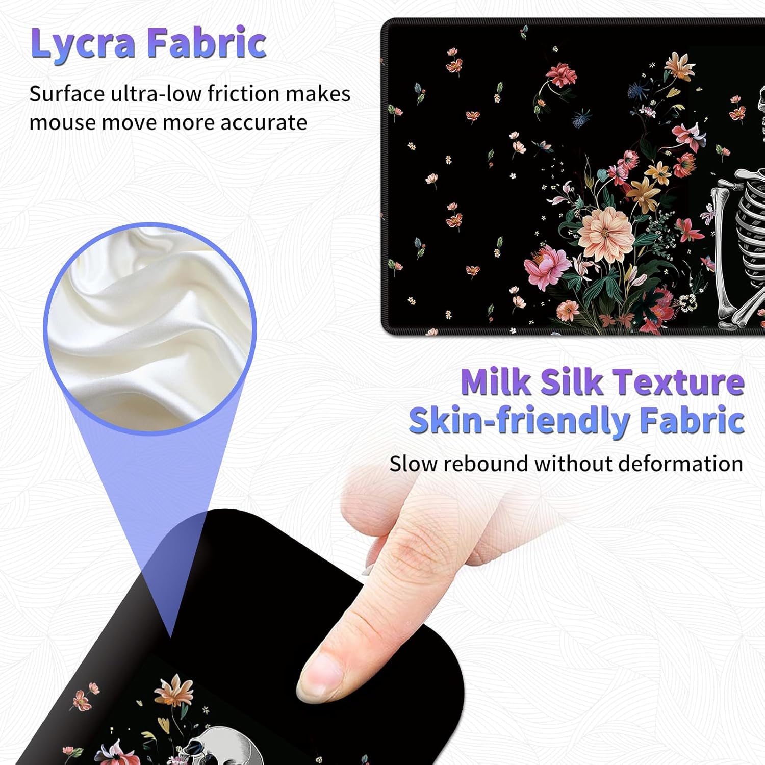 Large Mouse Pad Set, Desk Mat + Elbow Rest Pad + Coaster, Easy Typing Pain Relief, Ergonomic Arm Rest Pad with Memory Foam, Extended Desk Pad Anti-Slip Rubber Base for Office Home, Floral Skull