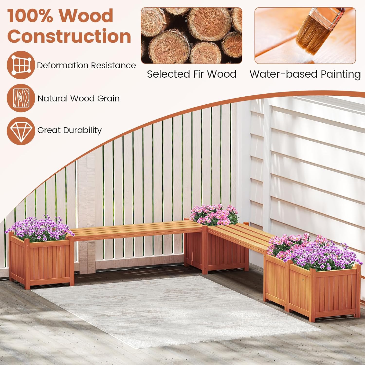 Giantex 2-in-1 Outdoor Bench with 2 Raised Garden Beds, Wood with Teak Oil Finish, Garden Bench Seat with Planter Boxes for Porch Balcony Lawn Yard, DIY Assembly, Orange