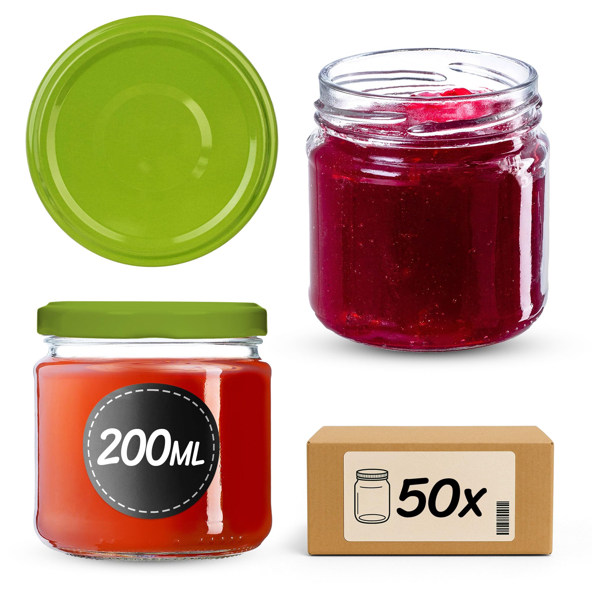 KADAX 50er Set Einmachgläser 200 ml mit Twist-Off Deckel Ø 66 mm – Dickwandige, luftdichte Dessertgläser, spülmaschinenfest, ideal für Marmelade & Eingemachtes