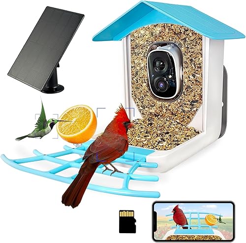Comedero para pájaros de 64 GB con cámara, cámara HD de 2K 3MP alimentador de pájaros, identificación con IA + 10,000 especies de aves, sol facial