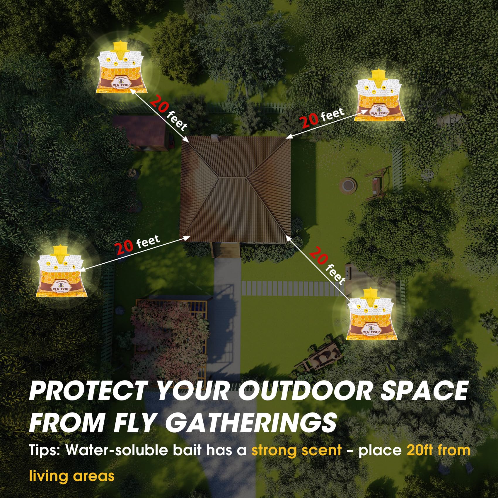 Paquete de 4 trampas para moscas para colgar al aire libre para patio, bolsas desechables para moscas al aire libre con cebo de 30 g, atrapador de moscas de insectos, control asesino para granero
