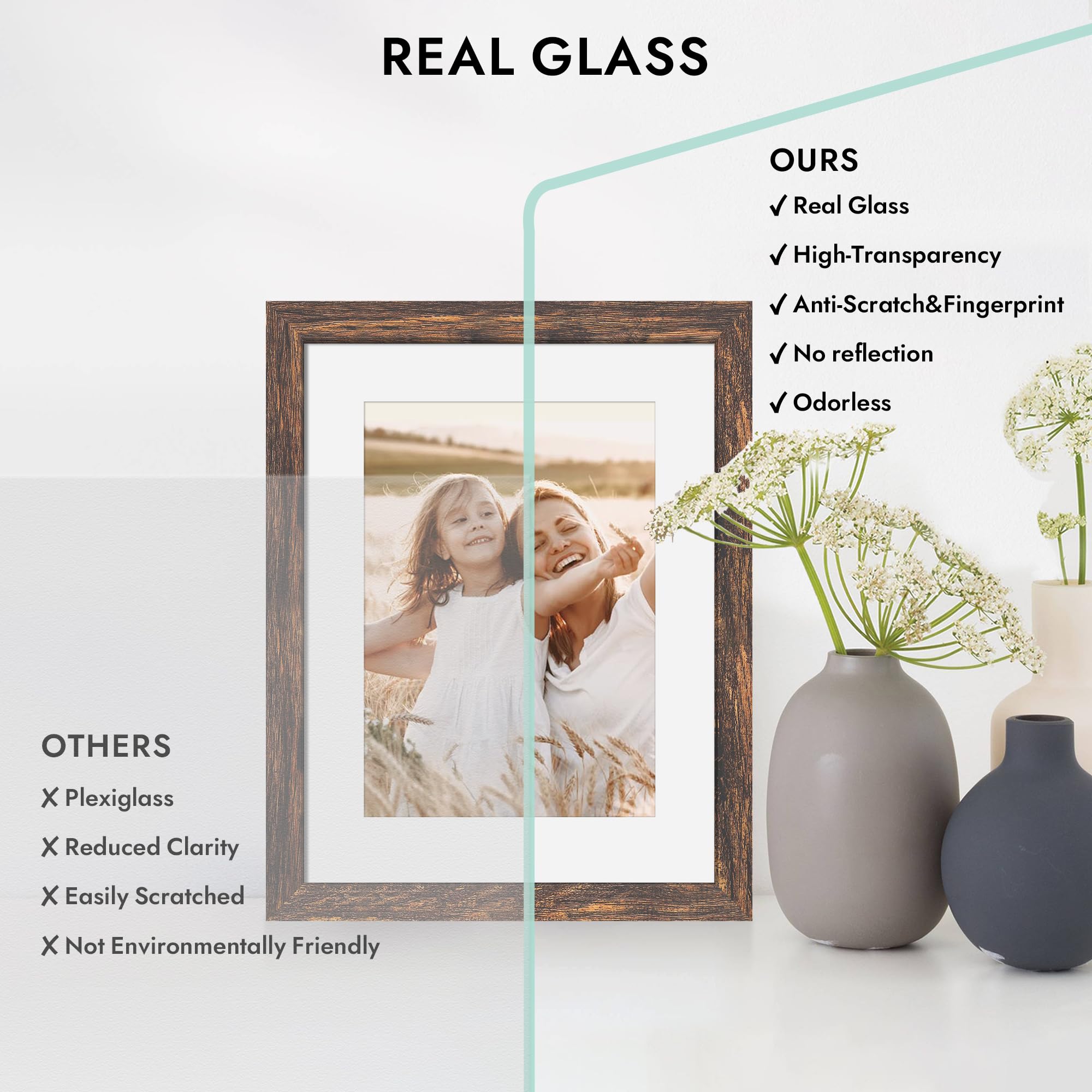 8x10 Picture Frame with Real Glass Wood Frame (Rustic Brown, 1 Pack) T52182