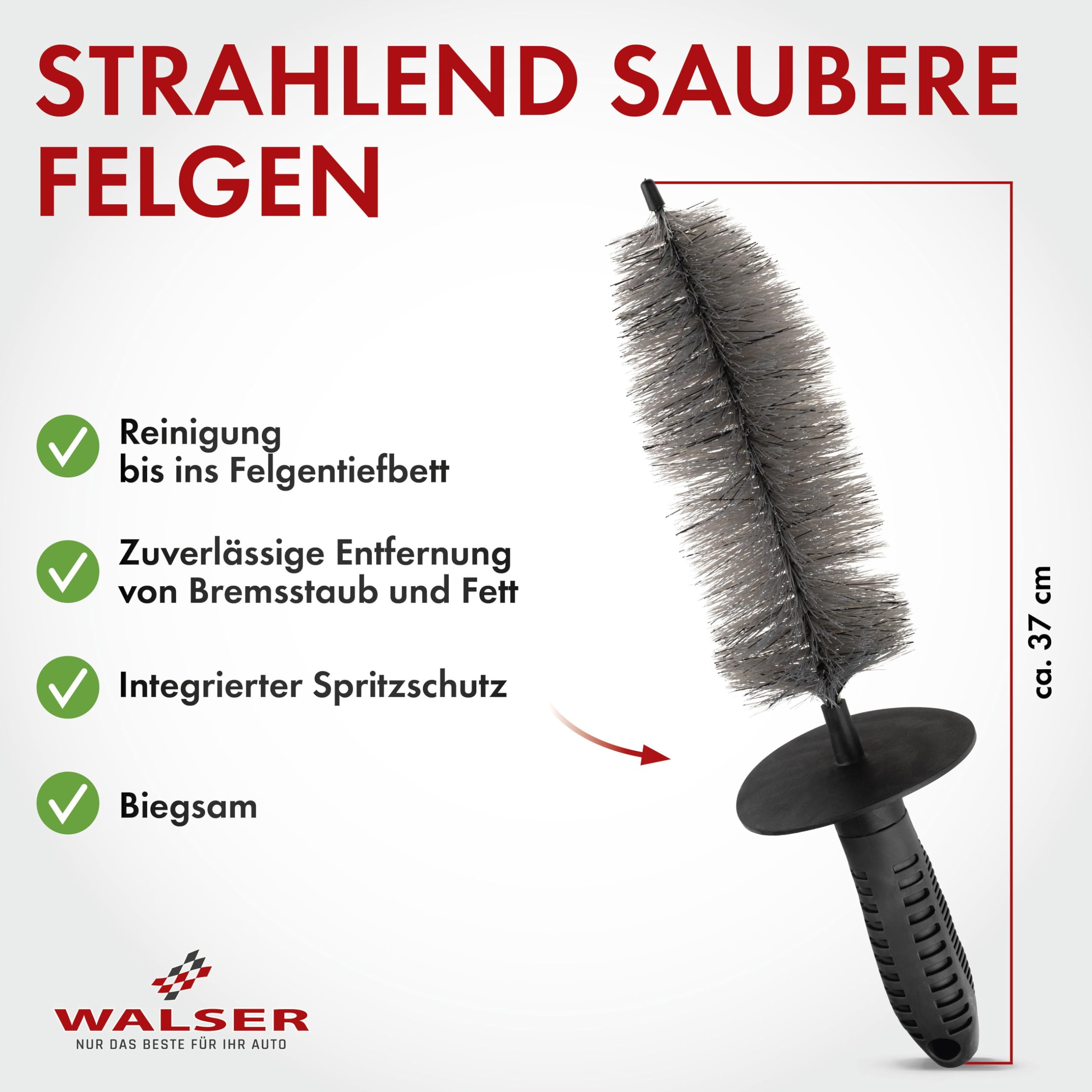 WALSER Spazzola per cerchi premium con setole, pulitore per cerchi con impugnatura ergonomica + paraspruzzi per una pulizia senza graffi e striature, spazzola per cerchi auto 37 cm