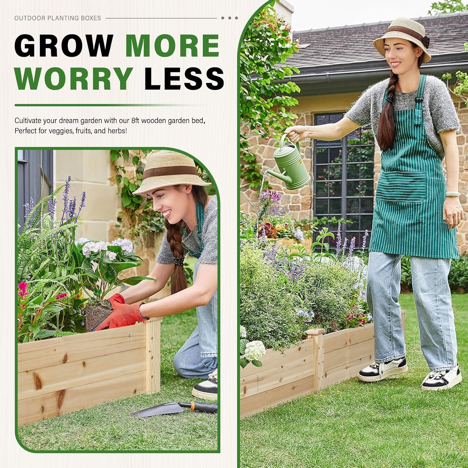 Oakcloud Outdoor 8ft Wooden Raised Garden Bed Planter Box Kit and 4 Garden Bed Fences for Vegetables Fruits Herb Grow Gardening