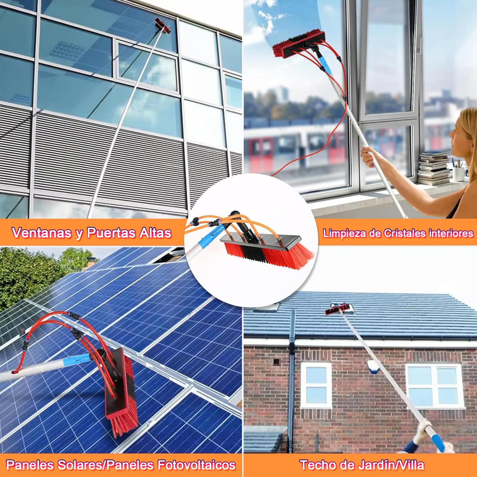 5 MTS Pertiga Telescopica Limpieza Cristales, Barra telescópica Extensible para la Limpieza Placas Fotovoltaicas, Limpiador Placas Solares Pertiga Telescopica con Manguera de 20 m