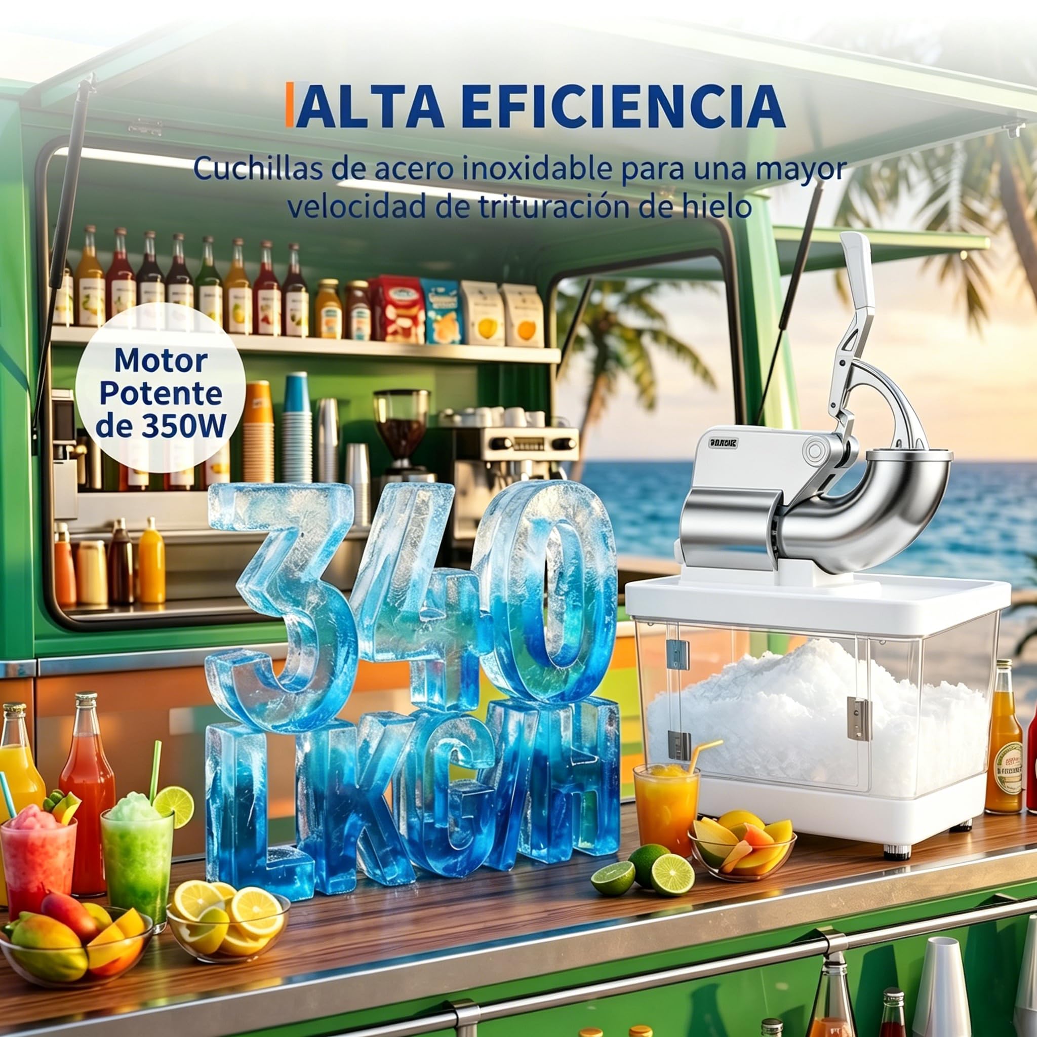 GarveeLife Picadores de Hielo Comercial 300W, Doble Cuchilla 300kg/h, Blanco | Picadores de hielo comercial 300W 300kg/h, doble cuchilla inox tolva 4,5", depósito 50L ETL para bar y eventos, Blanco.