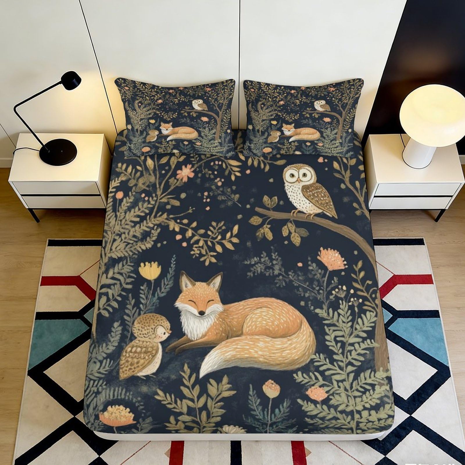 3D Printed Forest Fox Fitted Sheet Microfiber Soft Woodland Owl Bed Cover for Bedroom Guestroom Decor Mattress Protection 90x200x25cm