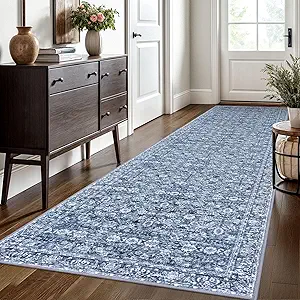 3x10 Blue Washable Runner Rug for Kitchen, Soft Classic Runner with Non-Slip, Non-Shedding Distressed Floral Rug for Hallways Entryway Bedroom Bathroom Laundry Indoor