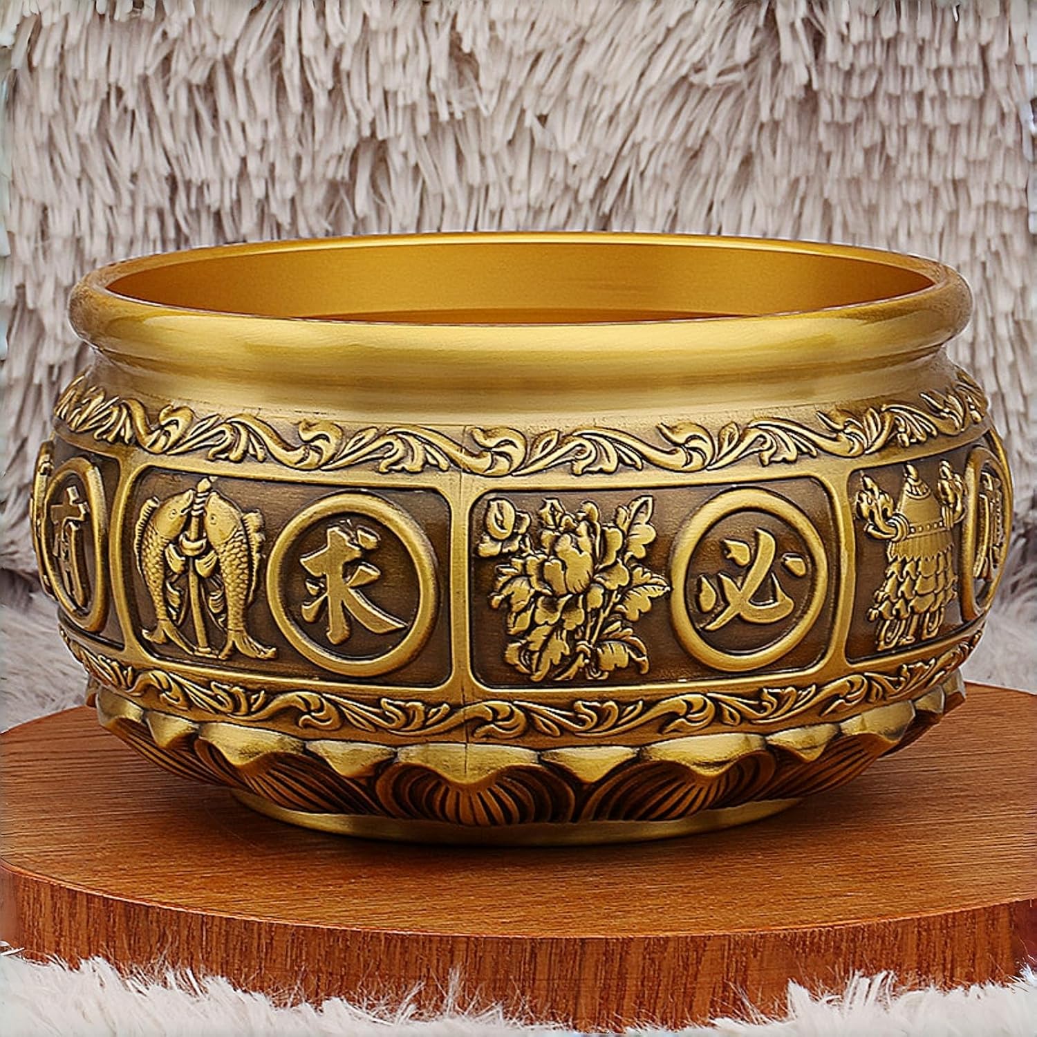 Feng Shui Money Bowl Solid Brass - 510g Wealth Bowl with Prosperity Lotus Base, 5x5x2.5 Inch Chinese Metal Censer for Desk Altar, Home Office Abundance Decor