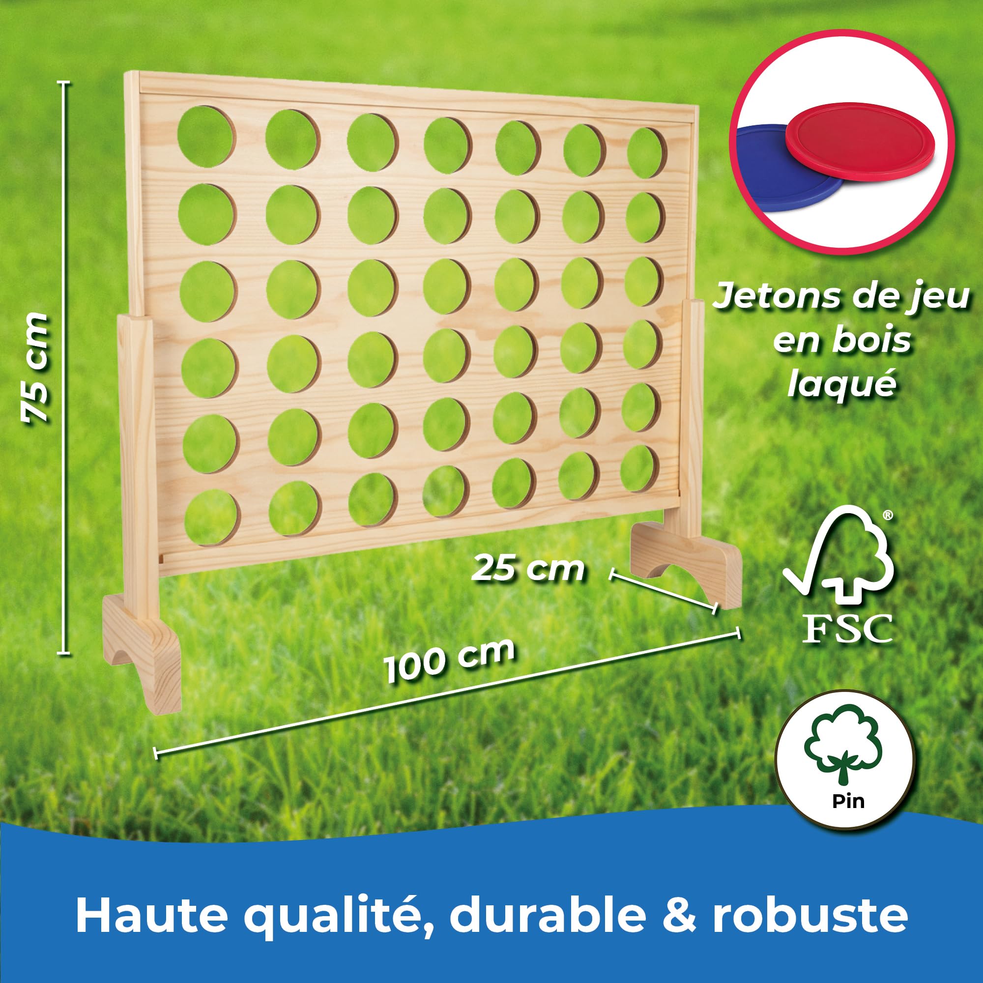 Toyfel Puissance 4 XXL Jeu de Societe Nature – Puissance 4 Geant en Bois certifié FSC® – Jeu Exterieur & Interieur – Jeu de stratégie pour Adultes & Enfants à partir de 4 Ans - Ace