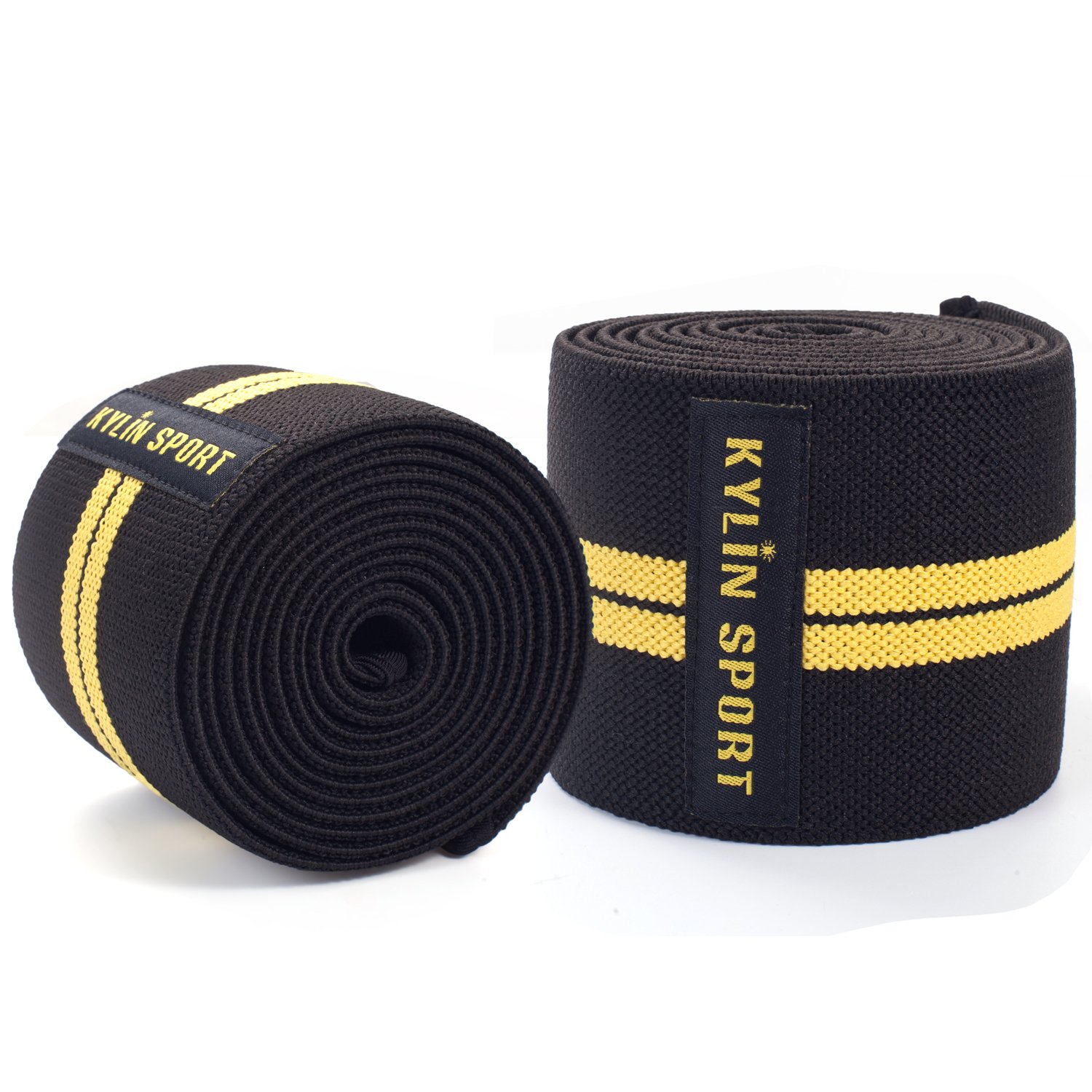 79" Knee Wrap (coppia) Supporto elastico a compressione per ginocchio per cross training WOD, allenamento in palestra, sollevamento pesi, fitness, powerlifting/uomo e donna (giallo/nero)