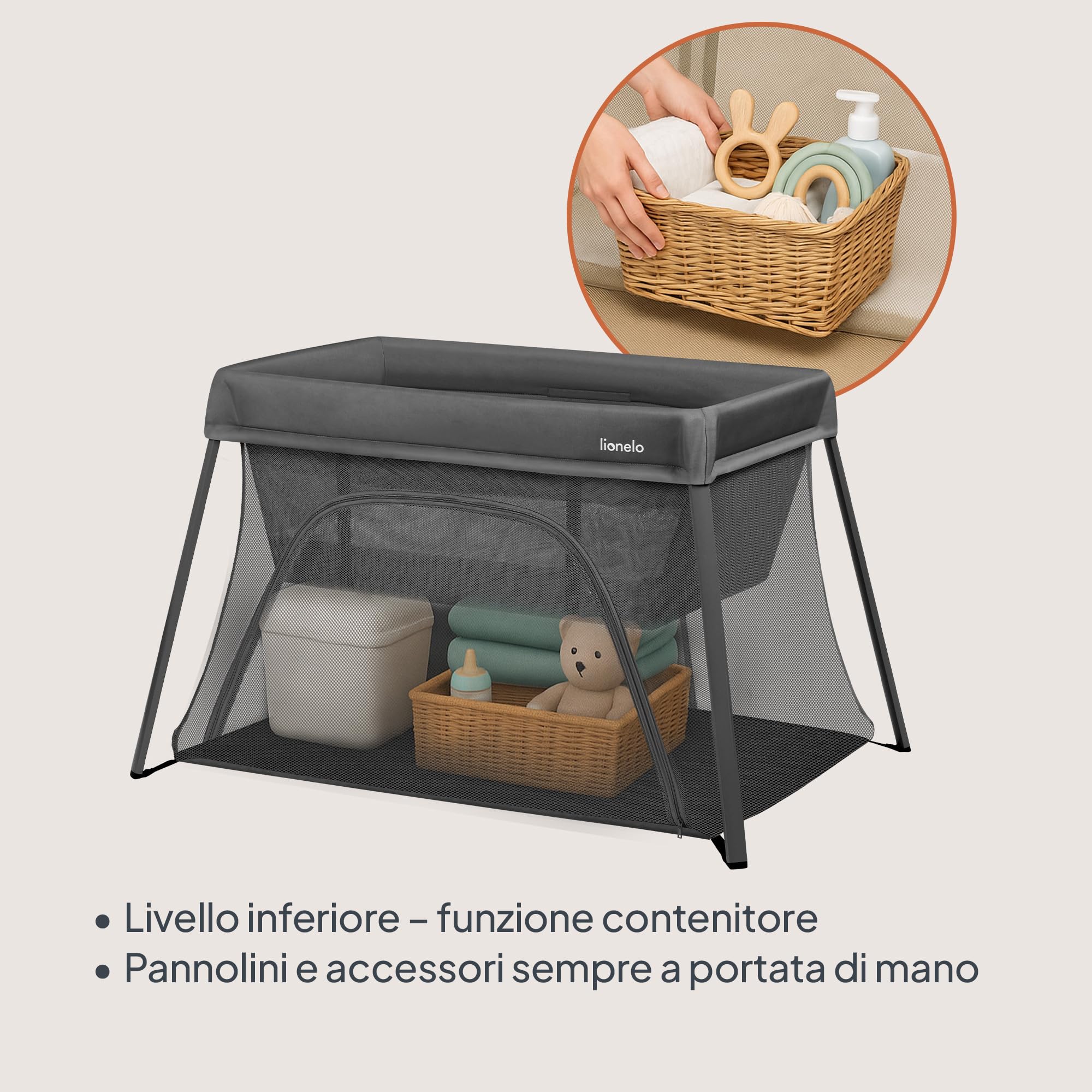 lionelo Alice Lettino da Viaggio 3 in 1 – Culla Co-Sleeping e Box Gioco in rete 104×70 cm da 0 a 15 kg con Materasso in Schiuma, 2 Livelli, Compatto, Pieghevole, Entrata Laterale, Borsa da Viaggio