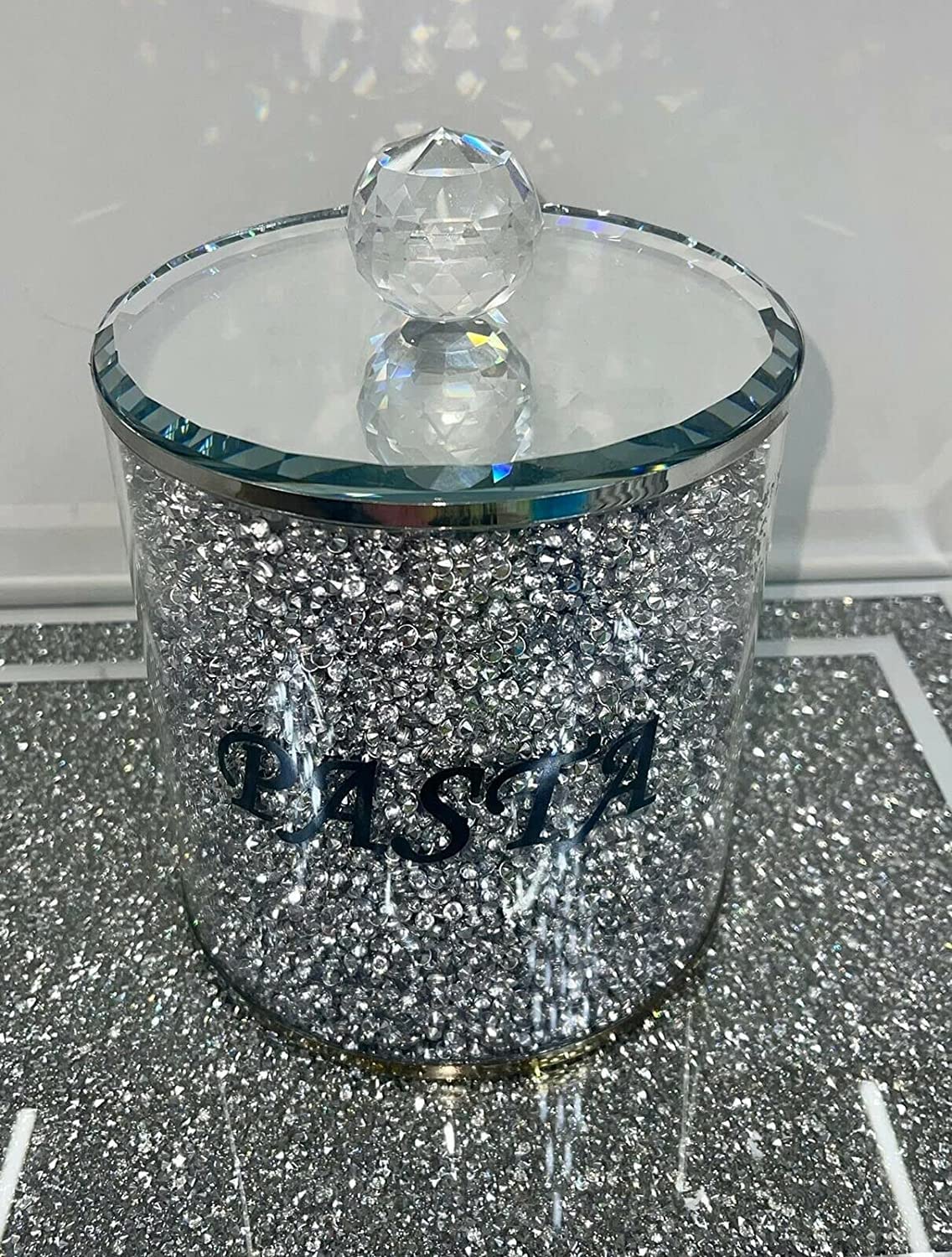DEENZ Crushed Diamond Silver Crystal Pasta Jar With Mirror Lid, Kitchen Sparkly Bling