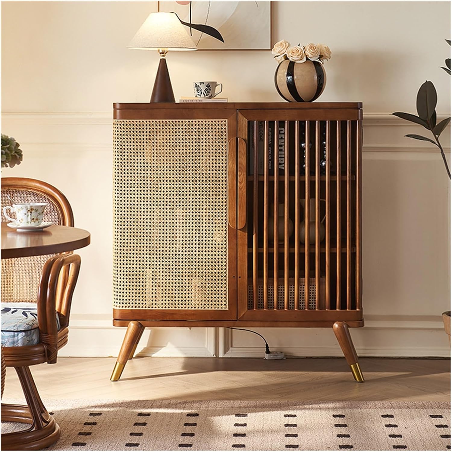 Buffet Cabinet Solid Wood Rattan Sideboard Living Room Storage Cabinet Entryway Against the Wall Three Tier Pantry Kitchen Cabinet