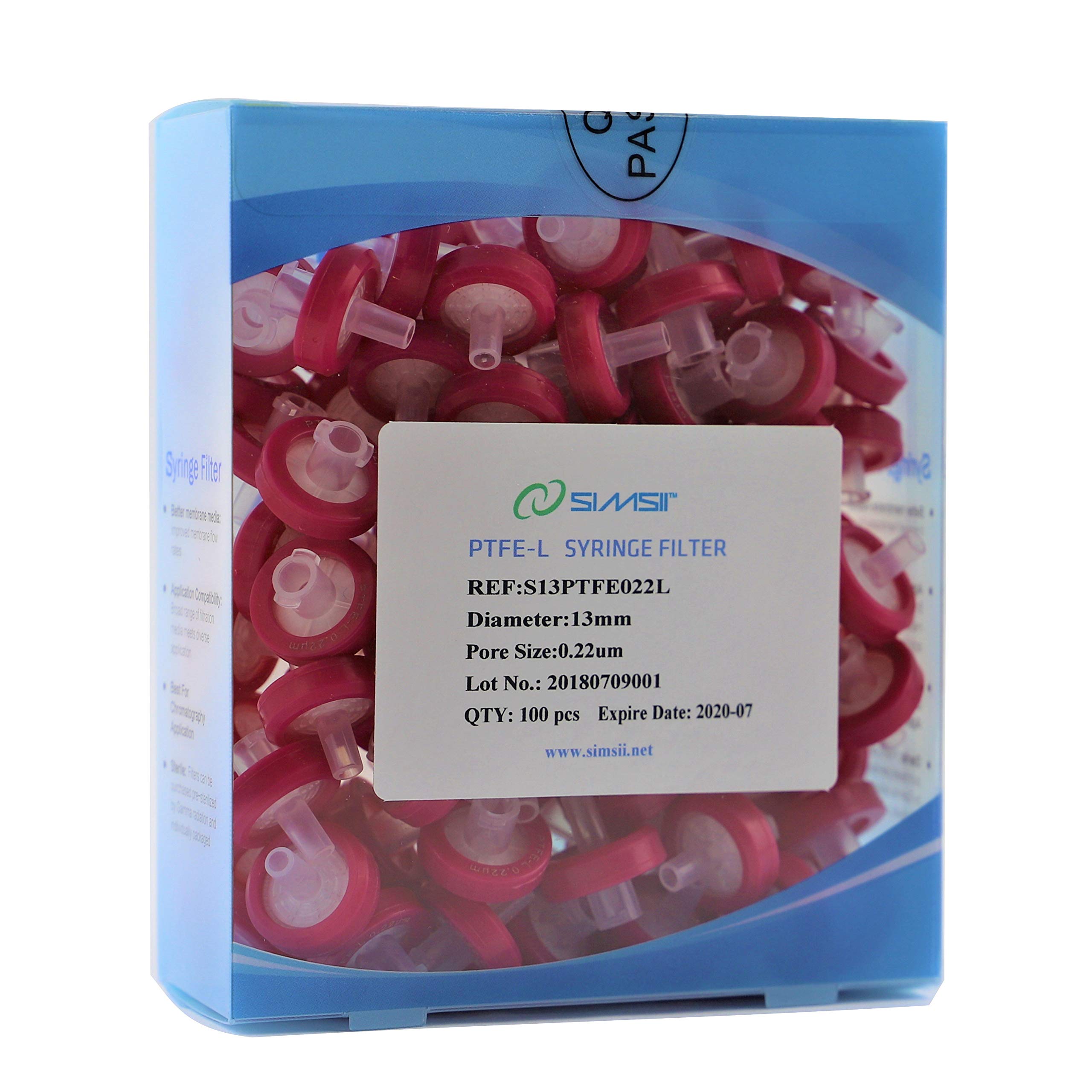 Simsii Syringe Filter, Hydrophilic PTFE Membrane, Diameter 13 mm, Micron Pore Size 0.22 um, Pack of 100