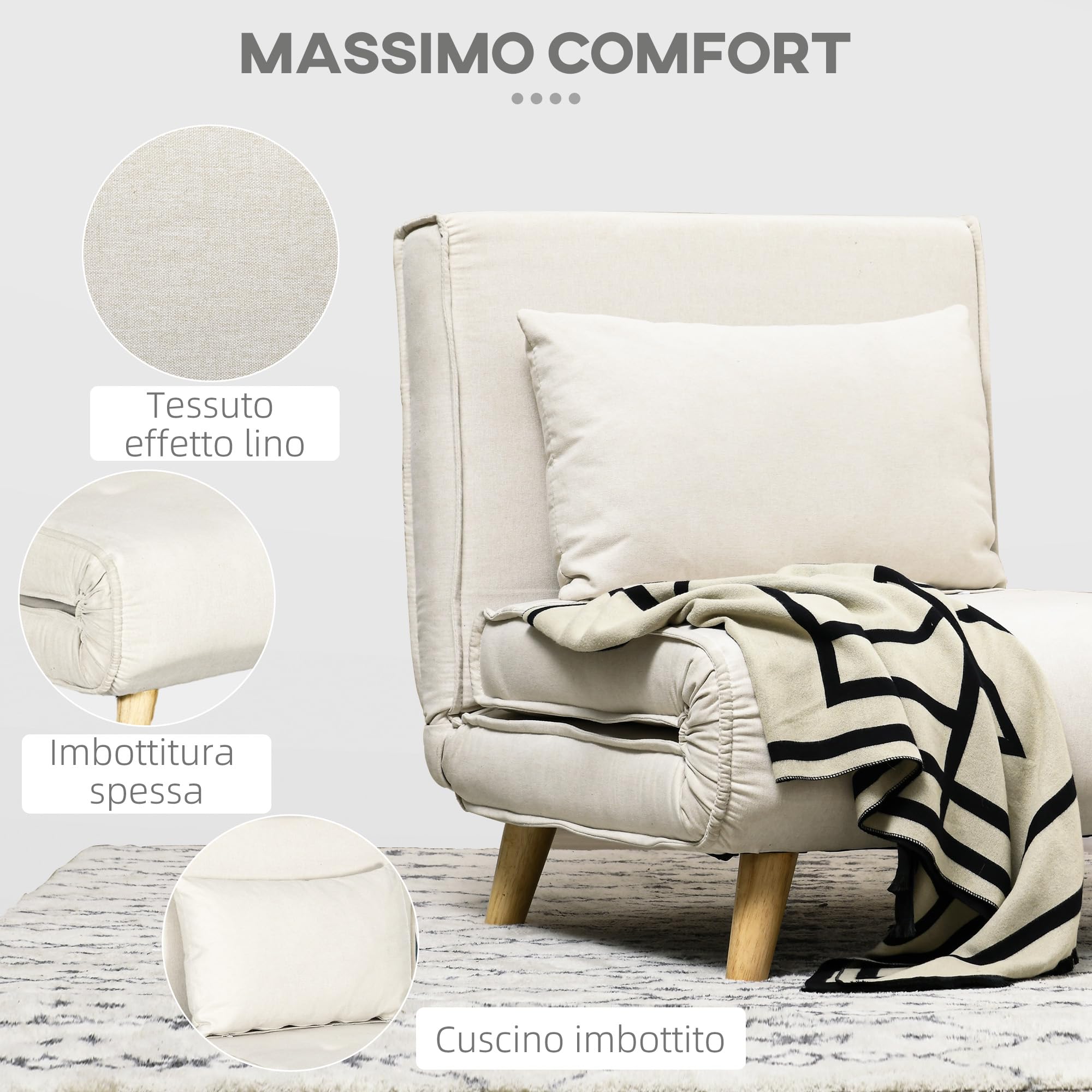 HOMCOM Poltrona Letto Singolo 2 in 1, Schienale Regolabile 6 Livelli, Beige