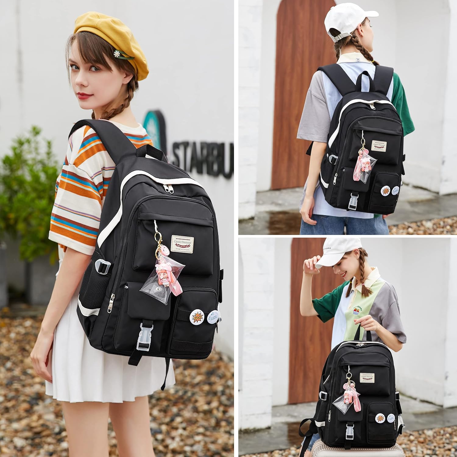 School Backpack for Teen Girls Women College Laptop Backpacks Kids Cute Bookbag Set with Lunch Box Pencil Case Elementary Middle High Campus Bag 3 Pcs Students Bookbags Sets Travel Daypack-Black - Image 2