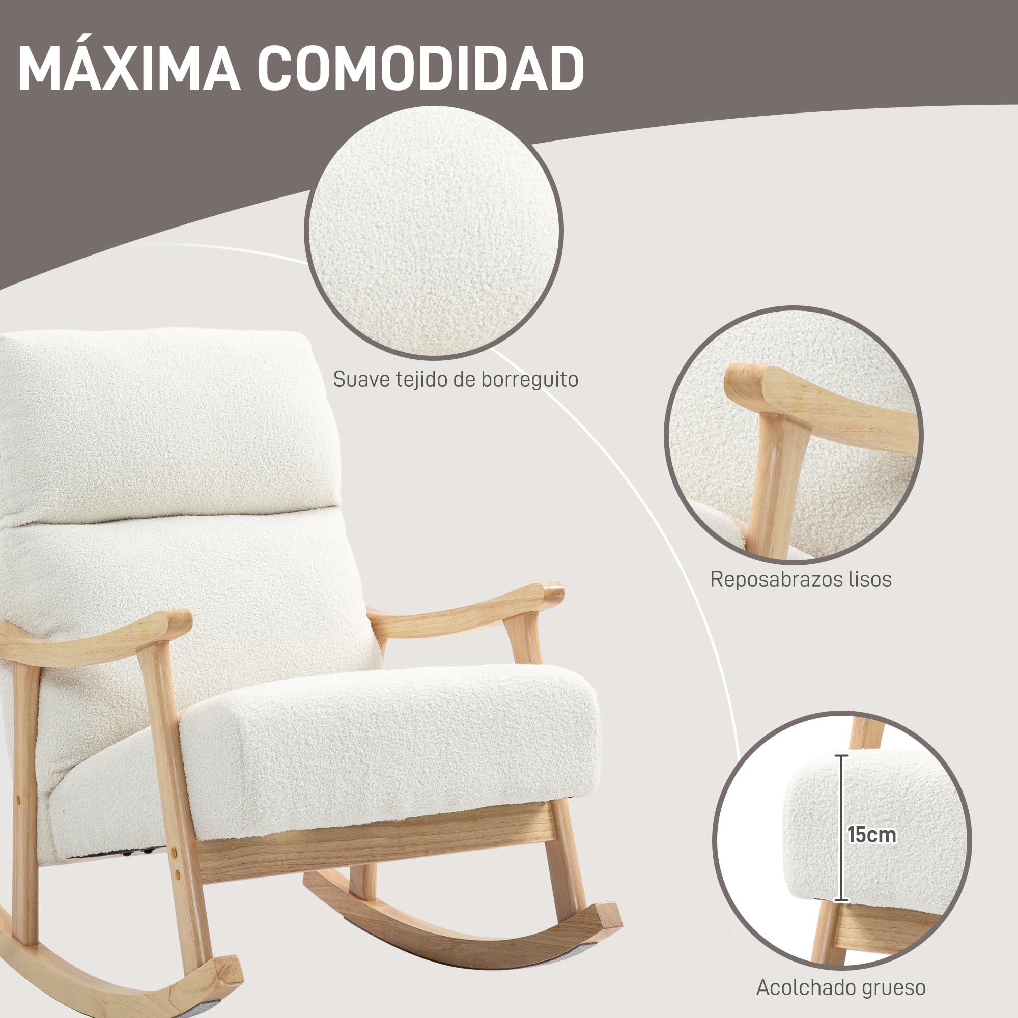 HOMCOM Silla Mecedora de Borreguito Moderna, Mecedora con Patas y Reposabrazos de Madera de Caucho, Respaldo Alto, Carga 120 kg, para Dormitorio, Salón, Crema