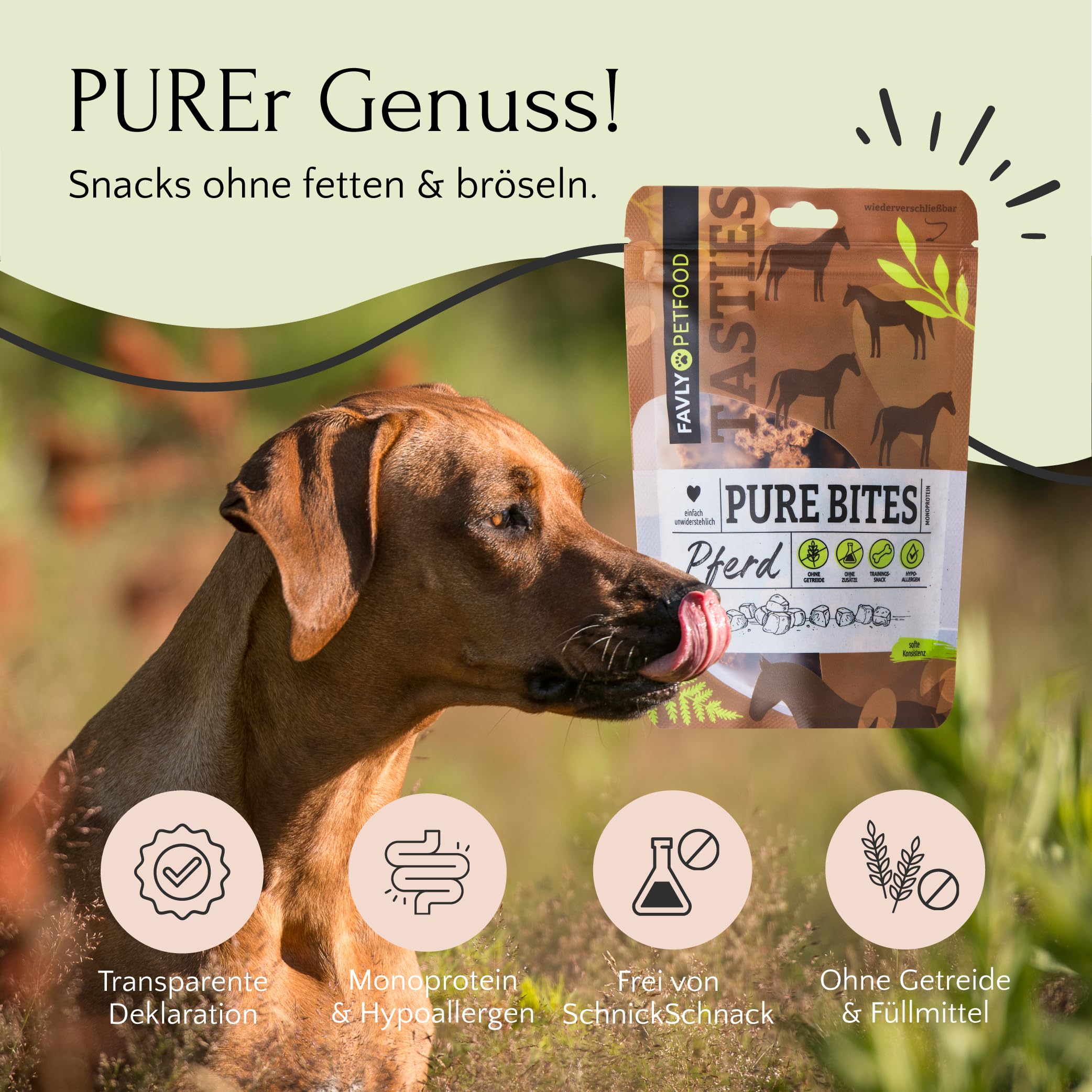 FAVLY Pure Bites Pferd 6x120g, softe Hundeleckerli, Monoprotein
