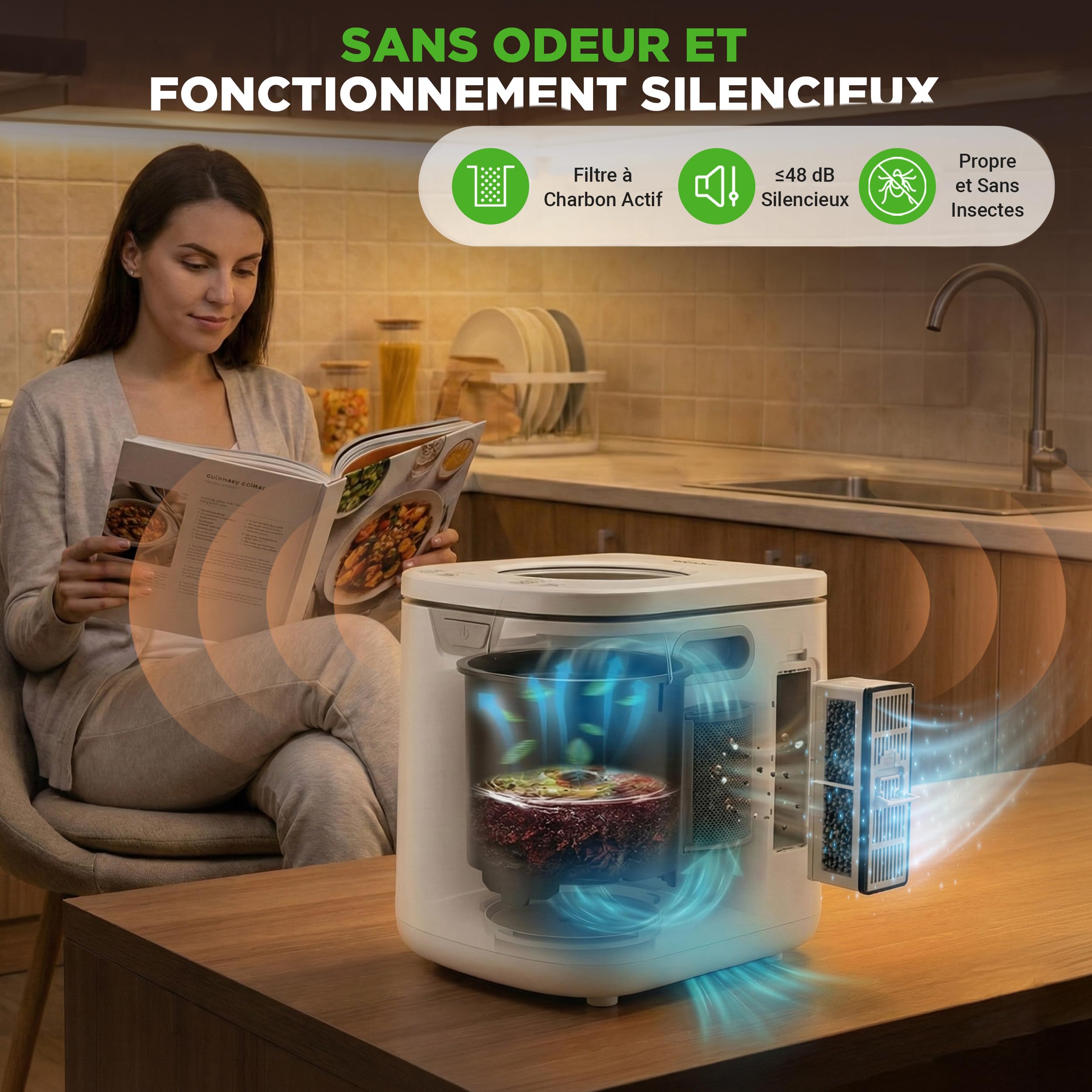 NutriChef composteur électrique de Cuisine 3,8 L – Composteur Intelligent de comptoir avec 2 filtres à Charbon Anti-odeurs, 3 Modes automatiques, Usage intérieur, Blanc