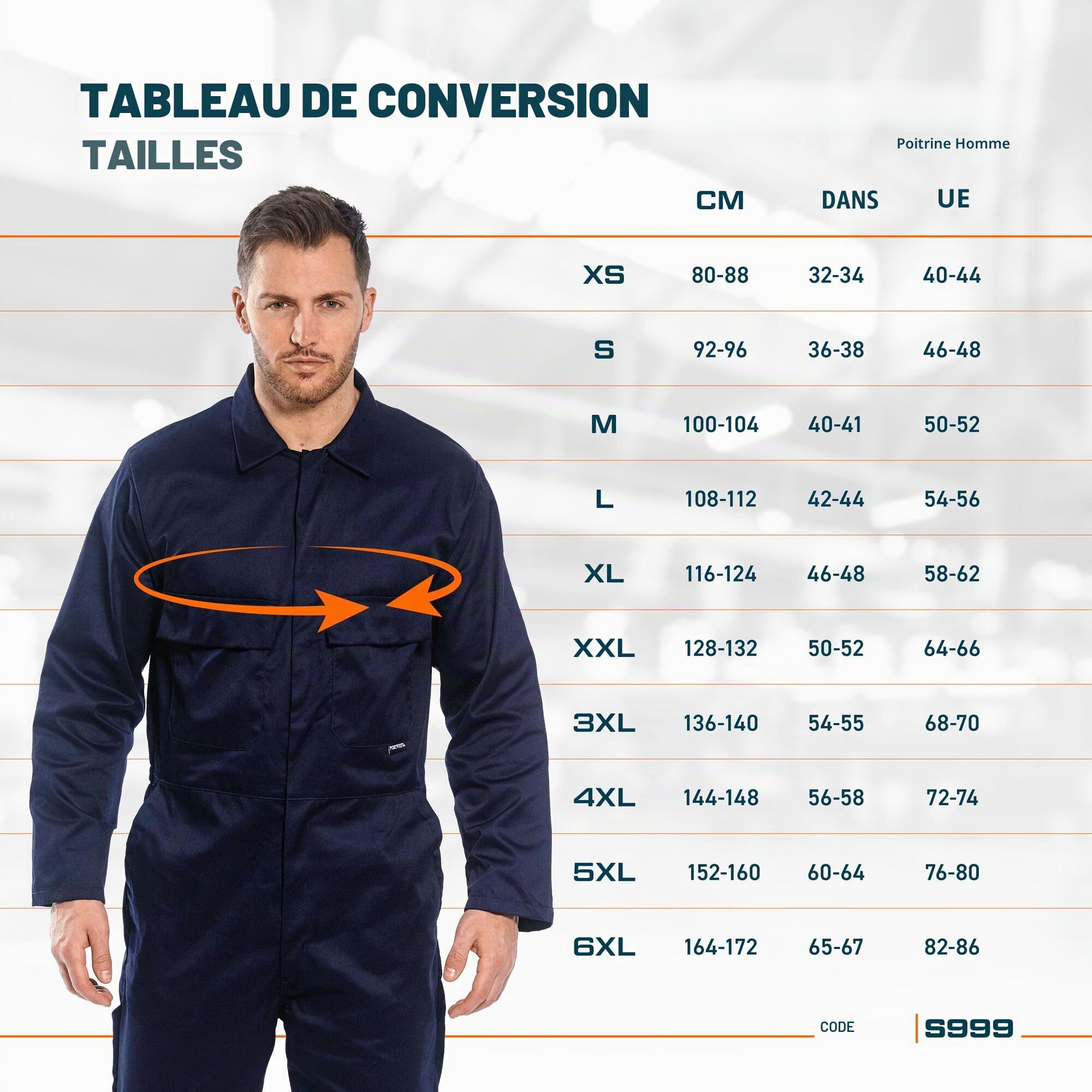 Portwest S999 Combinaison de Travail Homme Polycoton Kingsmill Bleu de Travail Professionnel 6 Poches Poche Mètre Fermeture Pressions UPF 40+ Atelier Industrie Chantier Peinture, Tall, Bleu Marine, XL