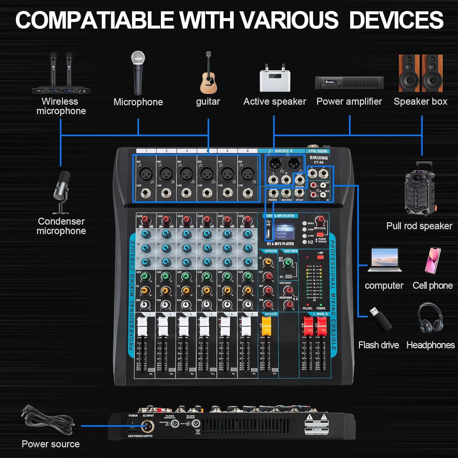 Audio Mixer Professionale a 6 Canali per Streaming Con Effetto 16 DSP, Interfaccia USB e Phantom Power da 48 V - Stereo DJ per PC Recording/DJ Palcoscenico