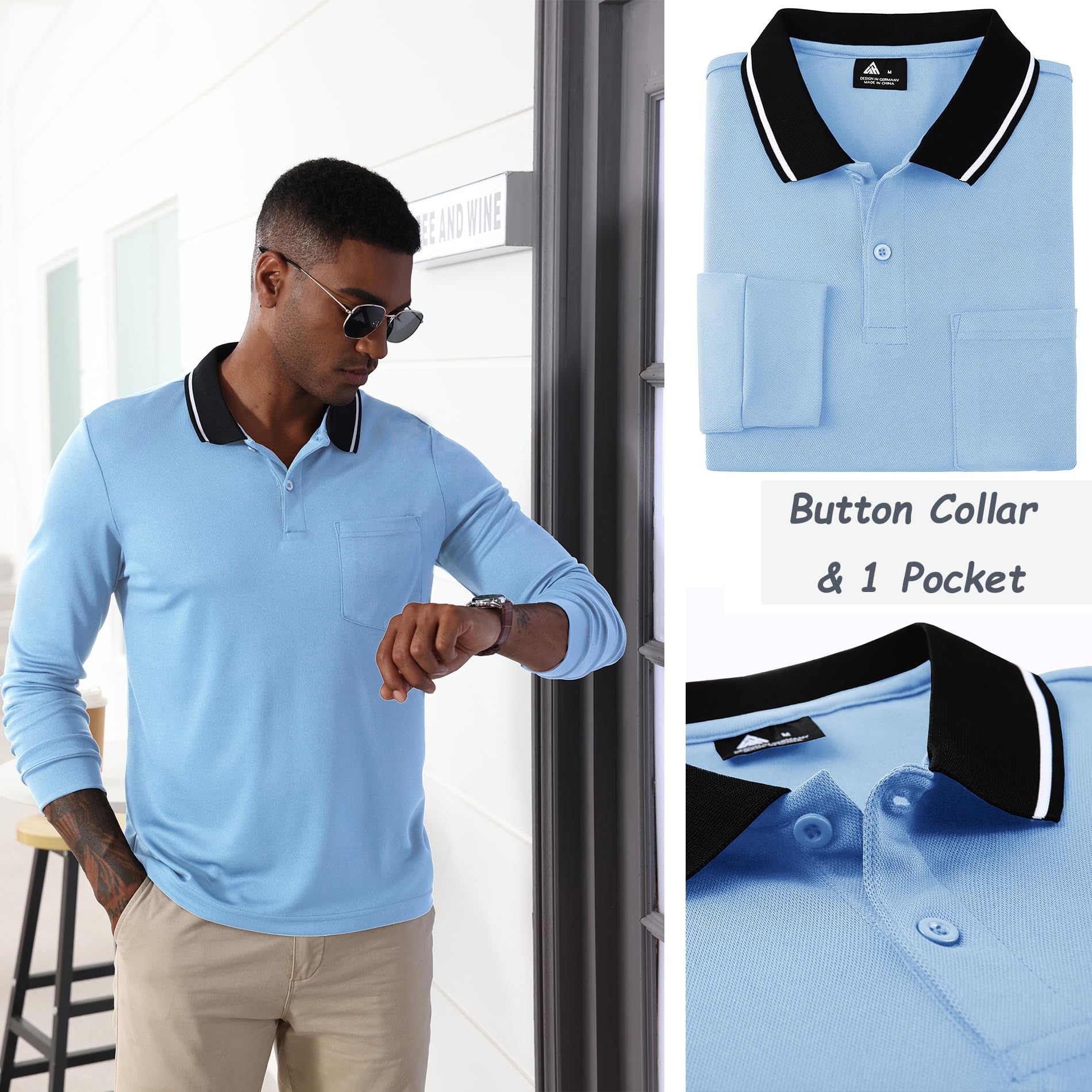 JACKETOWN Polo Uomo Manica Lunga Pacco da 3 Polo Golf Lavoro Traspirante T Shirt con Taschino Primavera Autunno Camicie per la Pesca Escursionismo