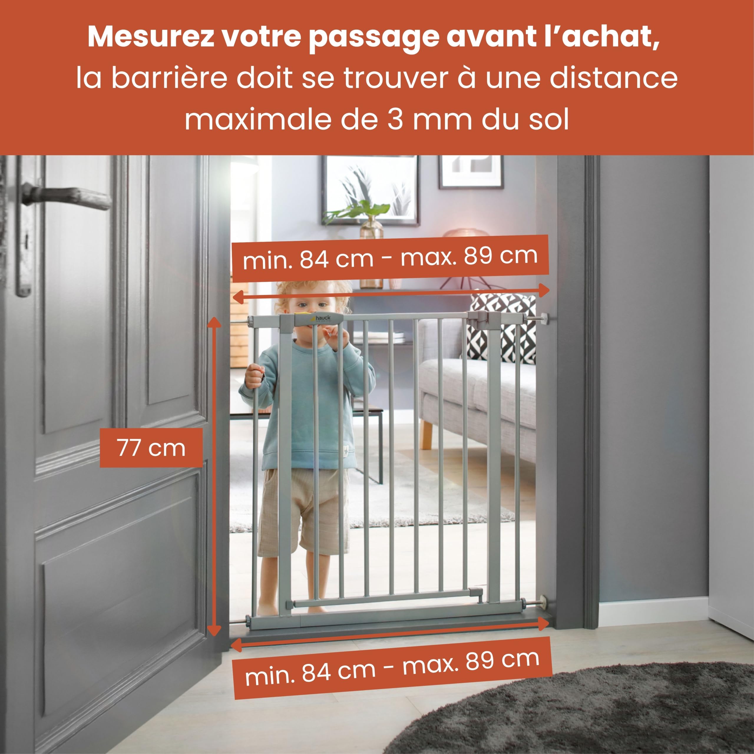 hauck Barriere de Securite Enfant Porte et Escalier et Barriere Chien Stop N Safe 2 incl. Extension de 9 cm, pour Largeur de 84 à 89 cm, Sans Percage - Usage Intérieur, Métal Gris