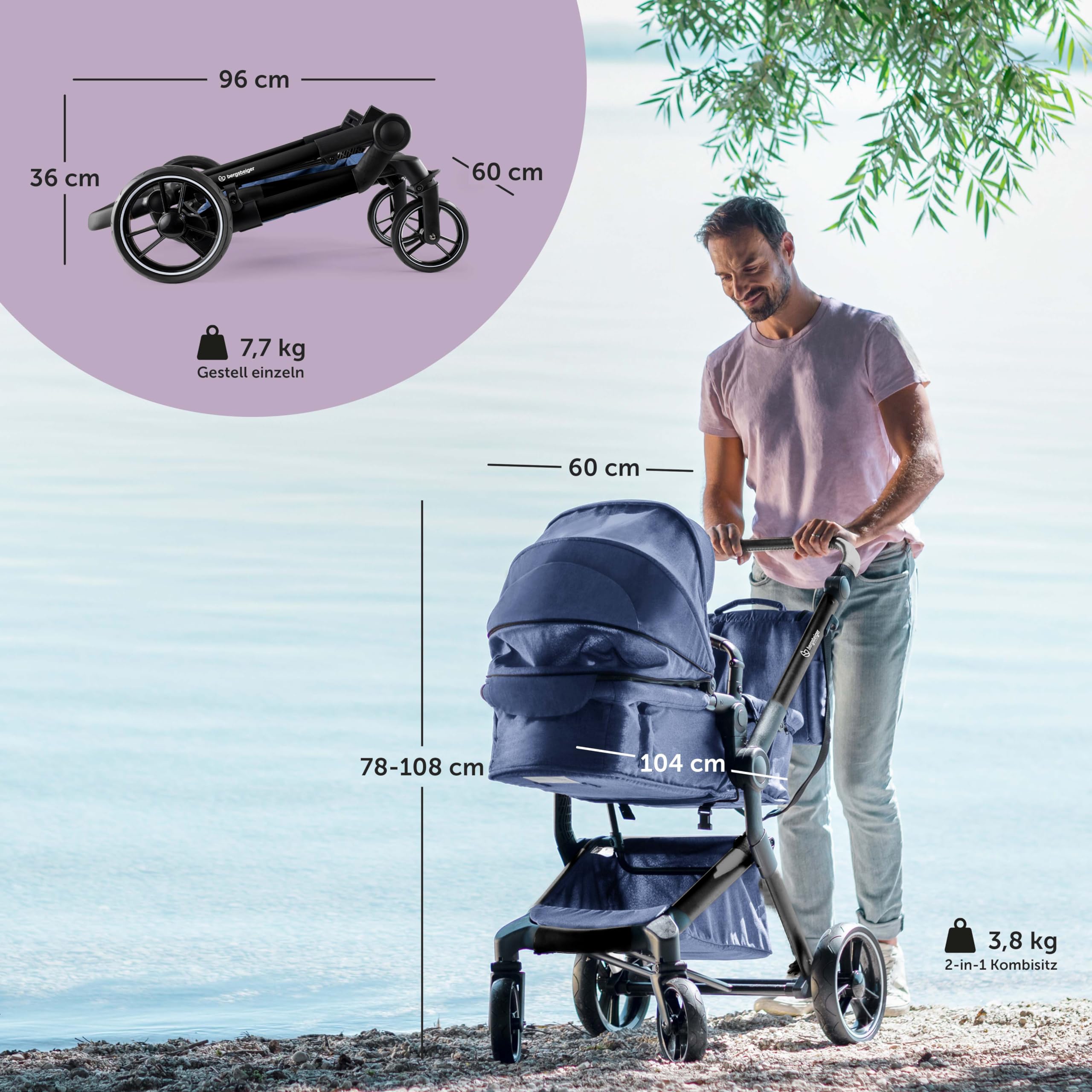 Bergsteiger Lugo 3in1 Kombikinderwagen Komplettset inkl Babyschale | Mobilität ab Geburt dank Babywanne Buggy Aufsatz Sonnenschutz und Wetterfußsack passend für die Isofix Station