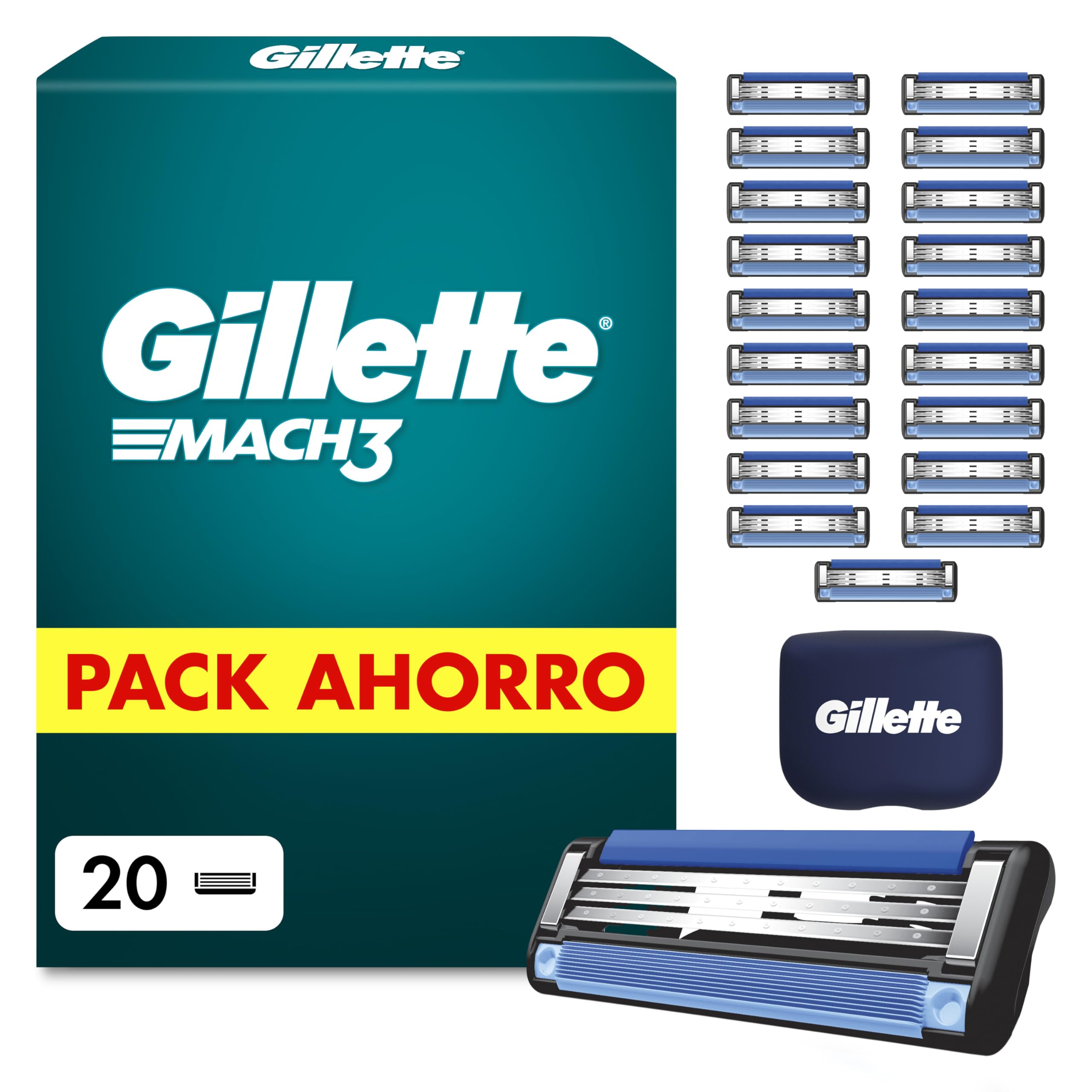 Gillette Mach3 Base - Juego de 20 cuchillas de repuesto para maquinilla de afeitar Gillette con tiras lubricantes para deslizamiento líquido y revestimiento de cuchilla, diseñadas para reducir