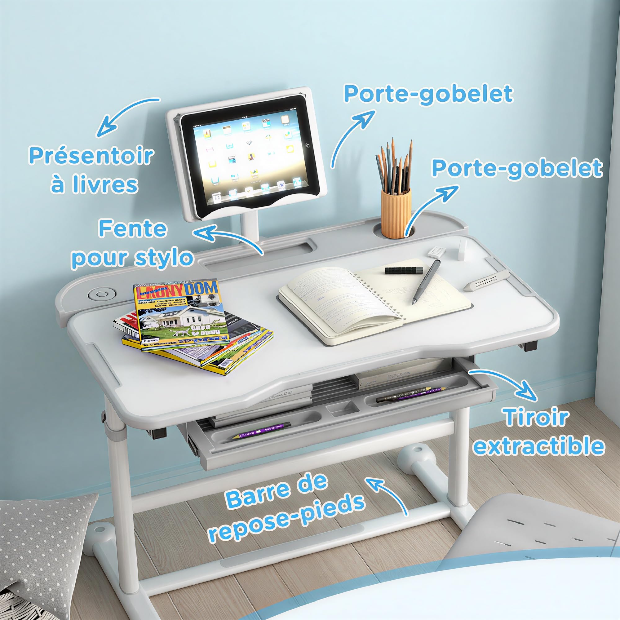 AIYAPLAY Bureau Enfant avec Chaise, Ensemble Bureau et Chaise pour Enfants avec Plateau inclinable 45°, Hauteur réglable, Gris