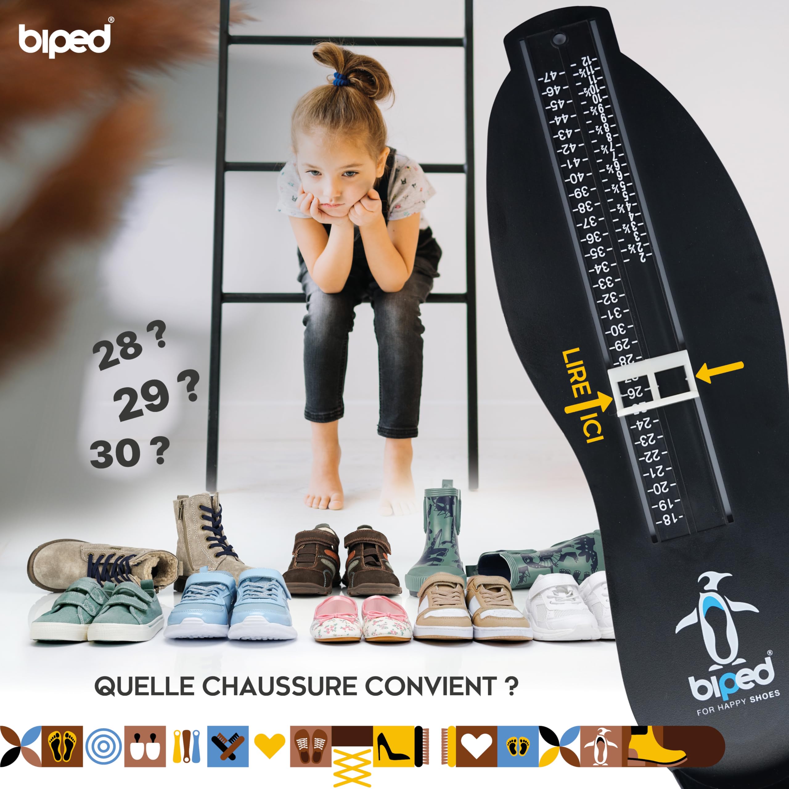 biped appareil de mesure des pieds pour enfants et adultes - Pour une détermination précise de la taille des chaussures - Mesureur de taille de chaussures enfants, femmes et hommes z2922