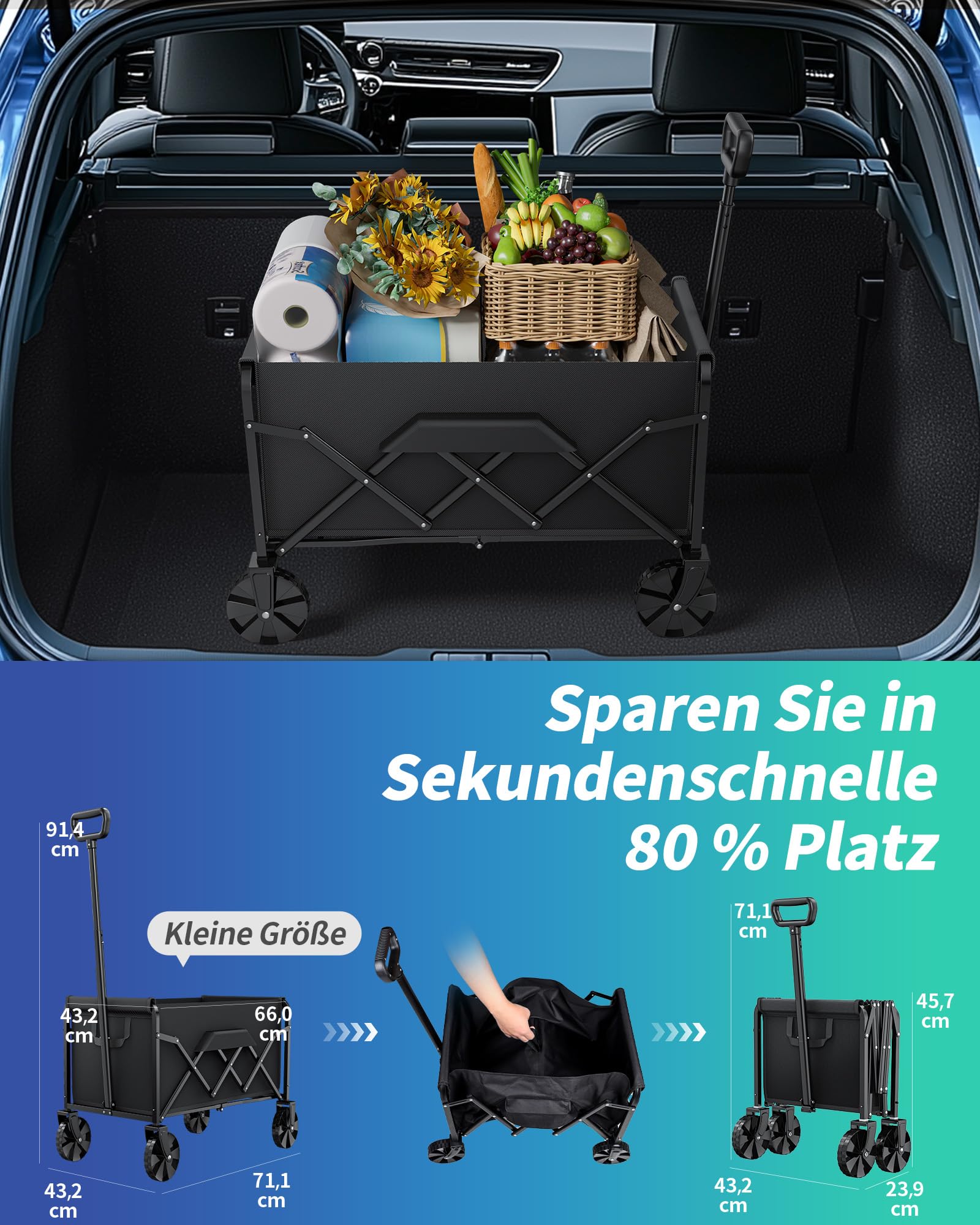 klein Kitsure Bollerwagen Faltbar – Handwagen mit Hartplastikrädern, 71,1 x 43,2 x 91,5 cm Transportkarre für Einkäufe, Garten, Camping, Sport & Angeln, Schwarz